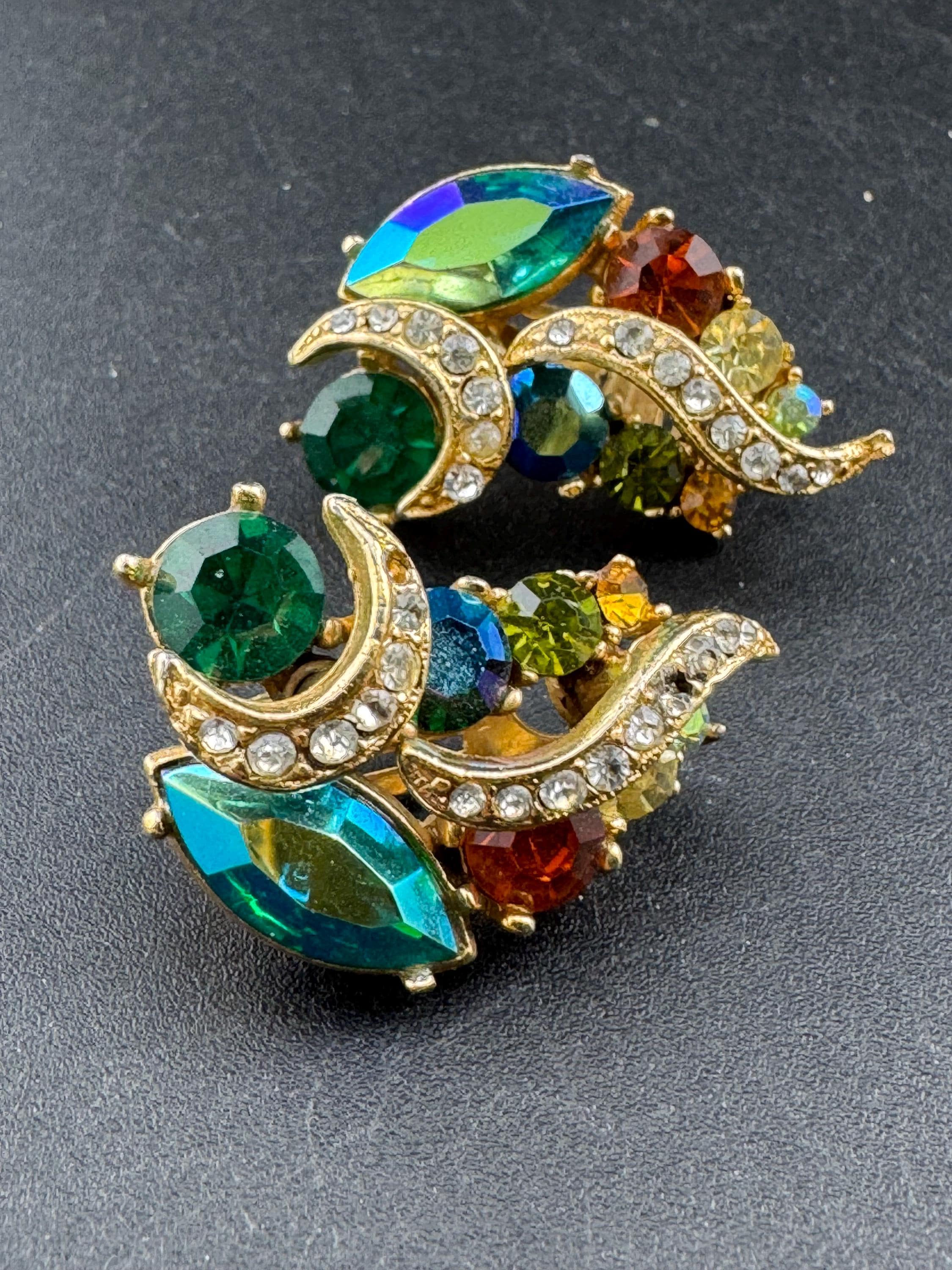 Vintage gold clip on earrings, AB green coloured paste navette rhinestones, WEISS style