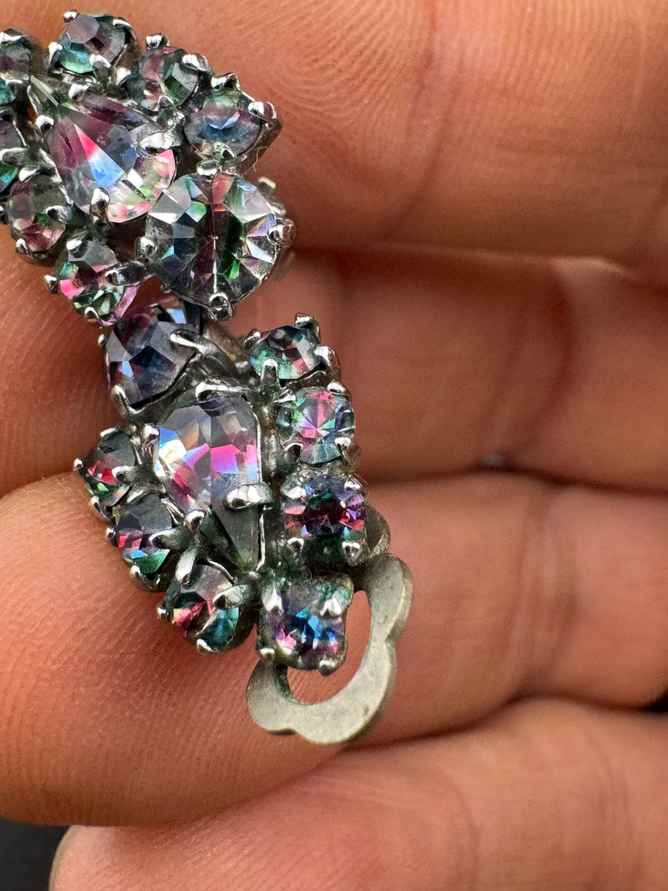 Vintage Iris Glass Clip On Earrings: Rhinestone Diamanté, 1940s Style