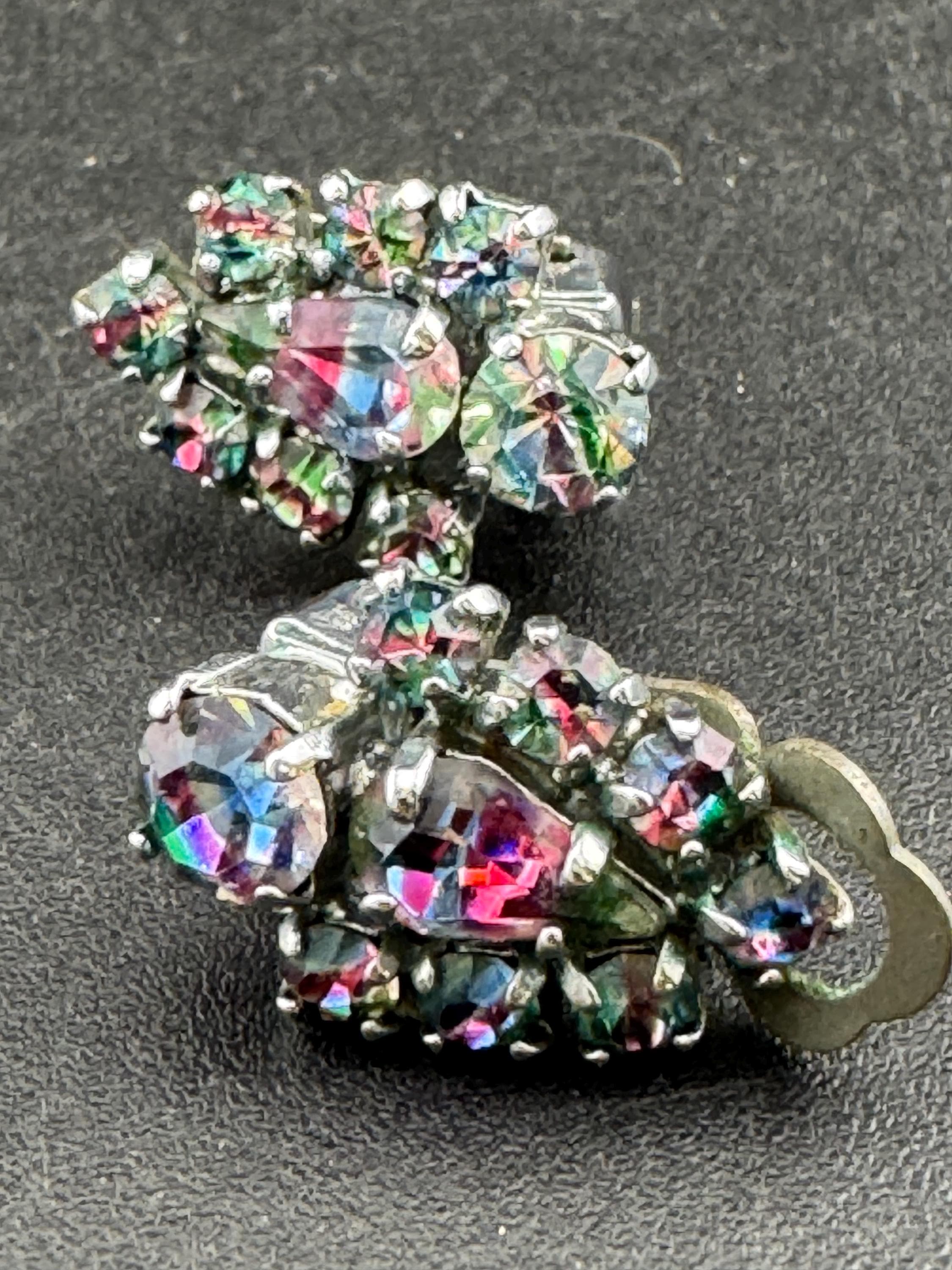 Vintage Iris Glass Clip On Earrings: Rhinestone Diamanté, 1940s Style