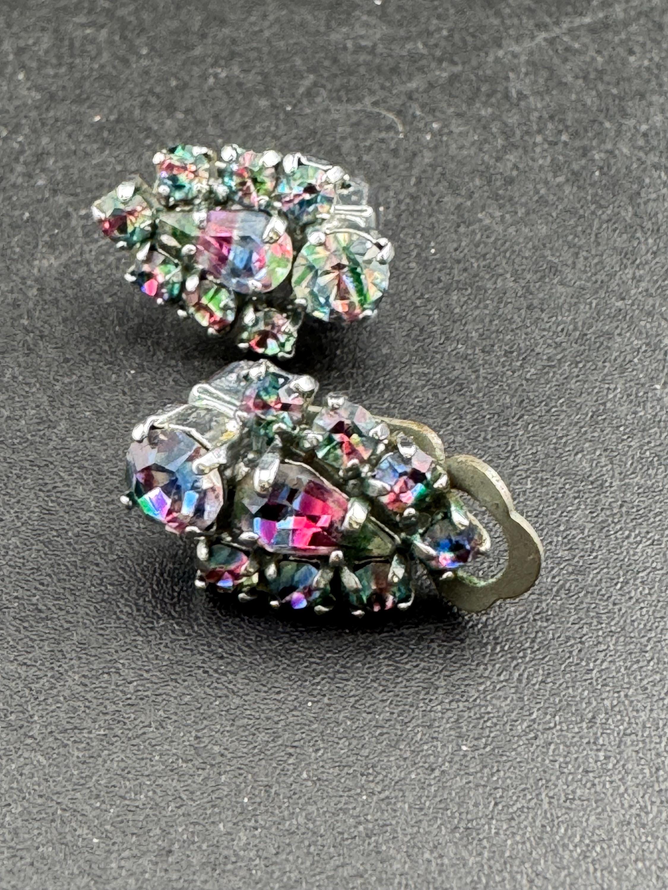 Vintage Iris Glass Clip On Earrings: Rhinestone Diamanté, 1940s Style