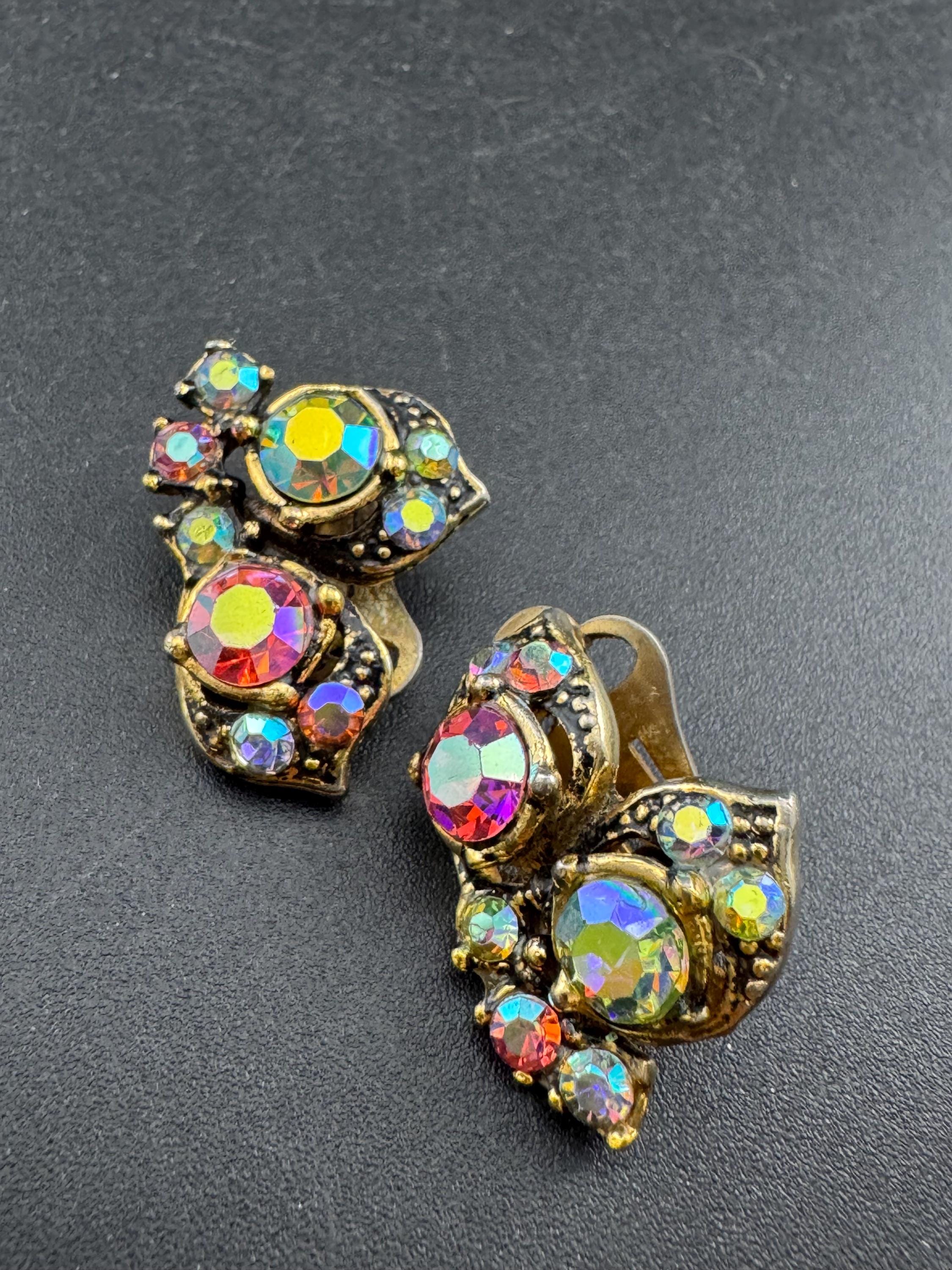 Vintage pink AB diamanté dainty stud Clip on earrings,  Aurora borealis rhinestones