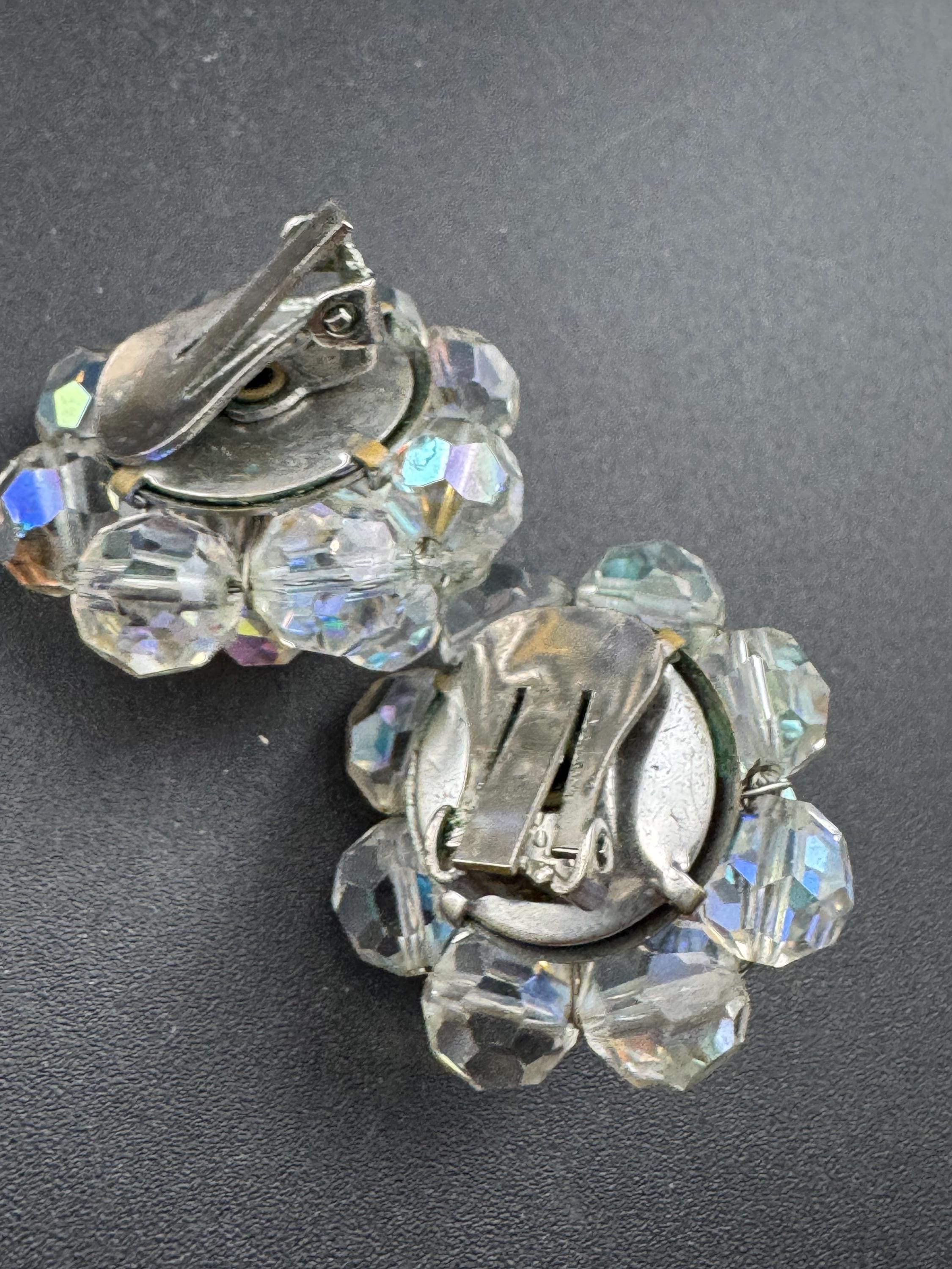 Vintage 1950s clear faceted glass beaded Cluster Clip On Earrings