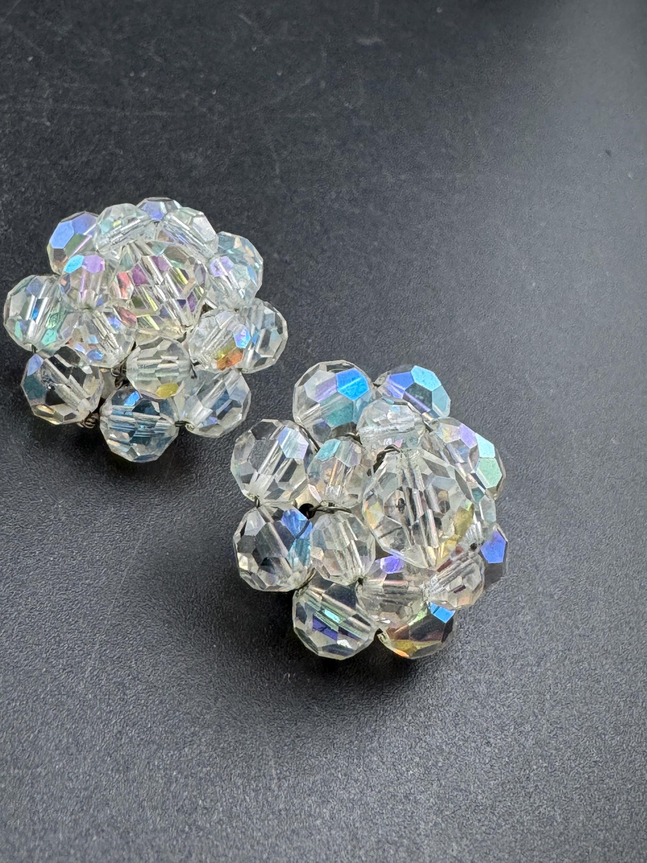 Vintage 1950s clear faceted glass beaded Cluster Clip On Earrings