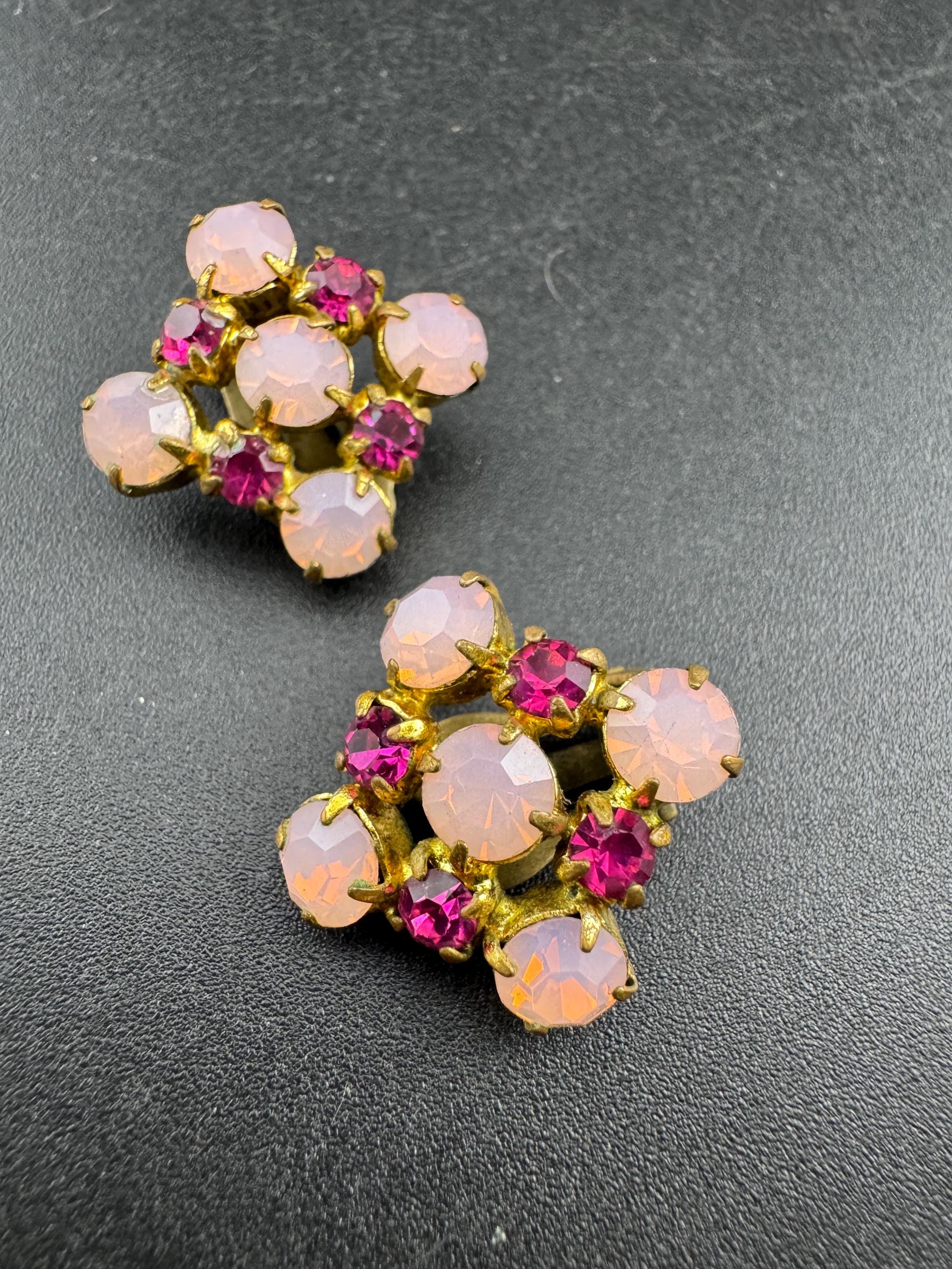 Vintage Pink Rhinestone square  Diamante Clip On Earrings, Mid Century 1950s 1960s