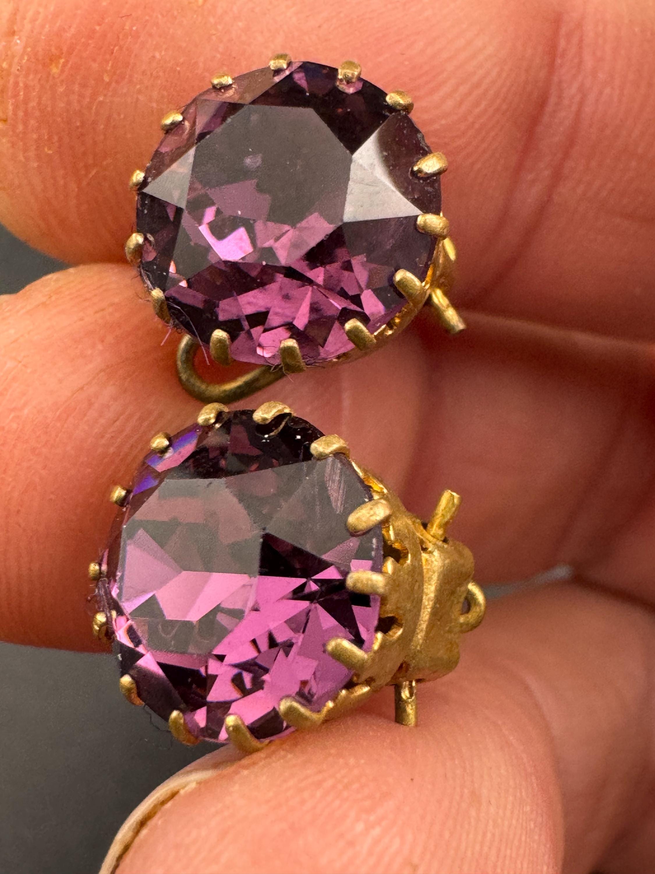 Vintage dainty Purple Amethyst Rhinestone Clip On Earrings , small studs