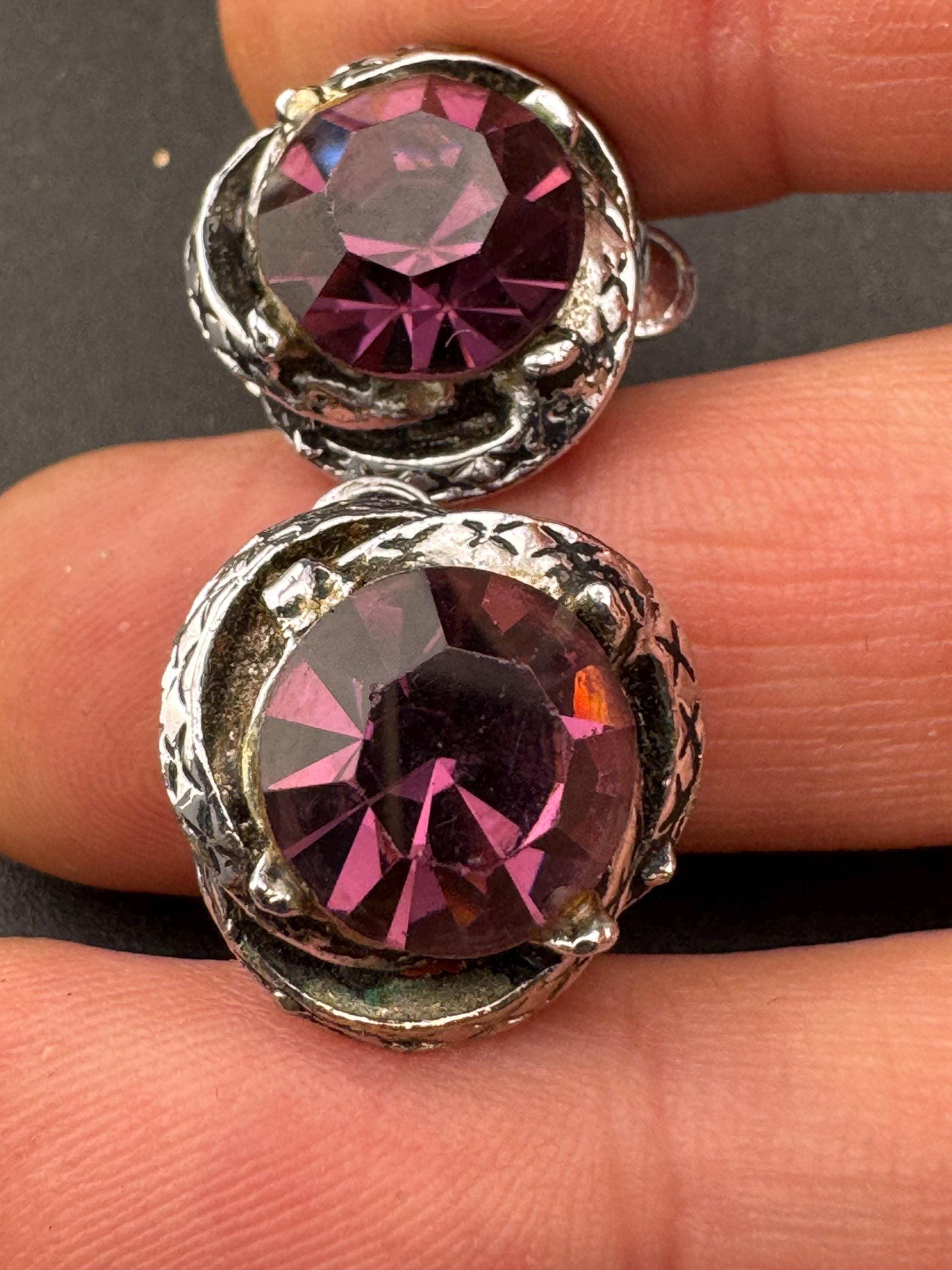 Vintage dainty Purple Amethyst Rhinestone Clip On Earrings , small studs silver tone