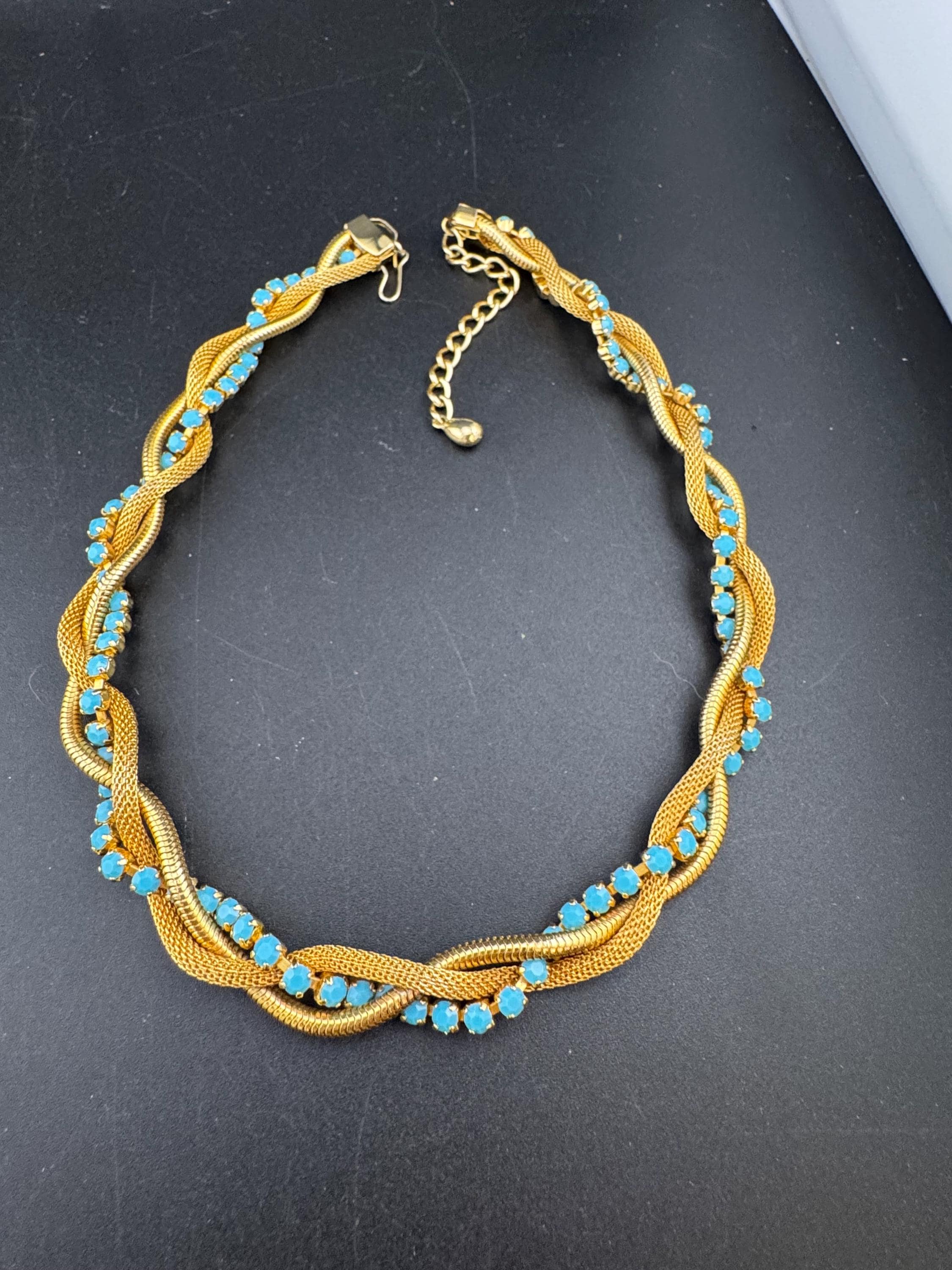 Vintage 1960s gold mesh twisted choker necklace with turquoise glass  stones,