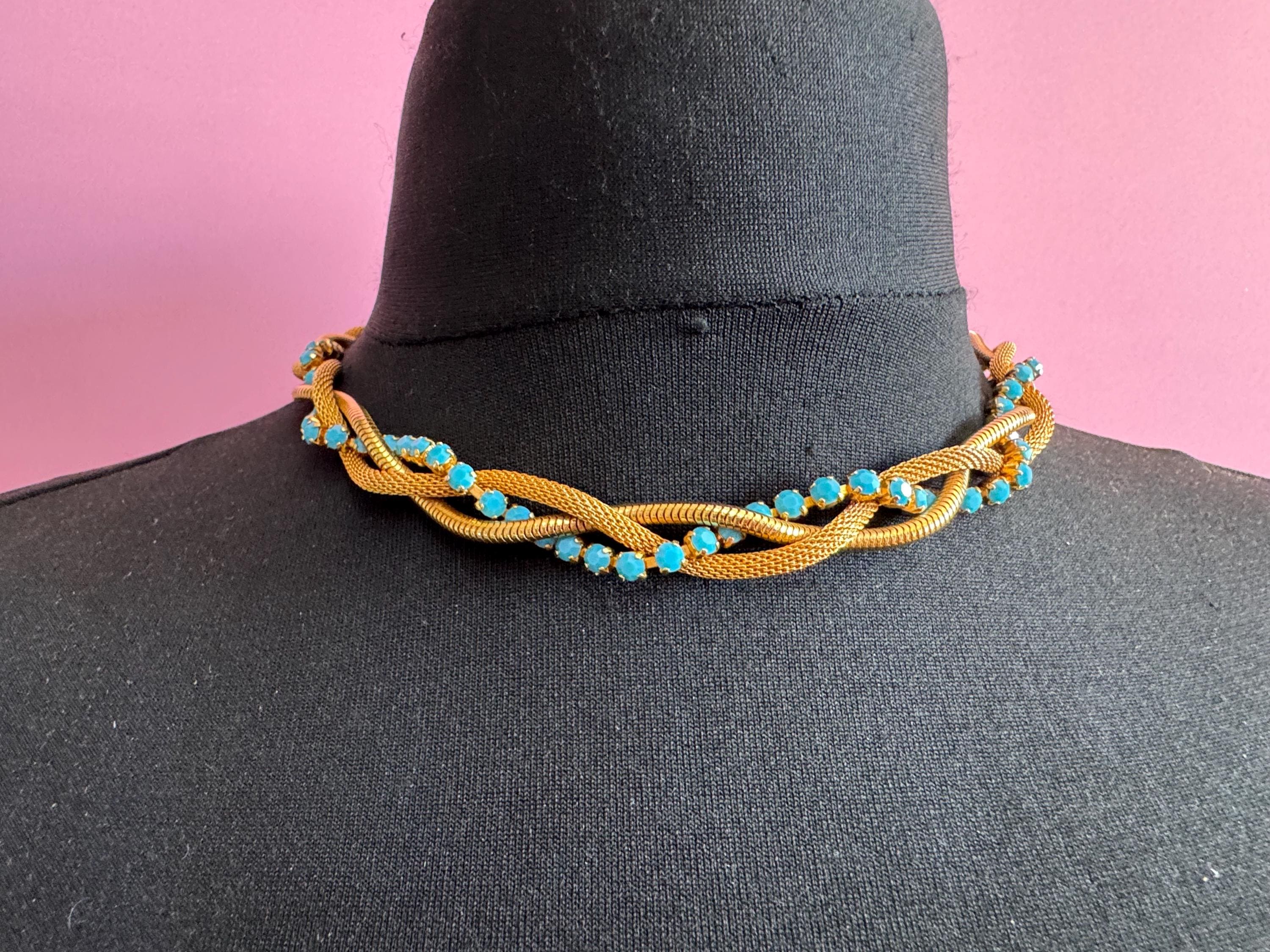 Vintage 1960s gold mesh twisted choker necklace with turquoise glass  stones,