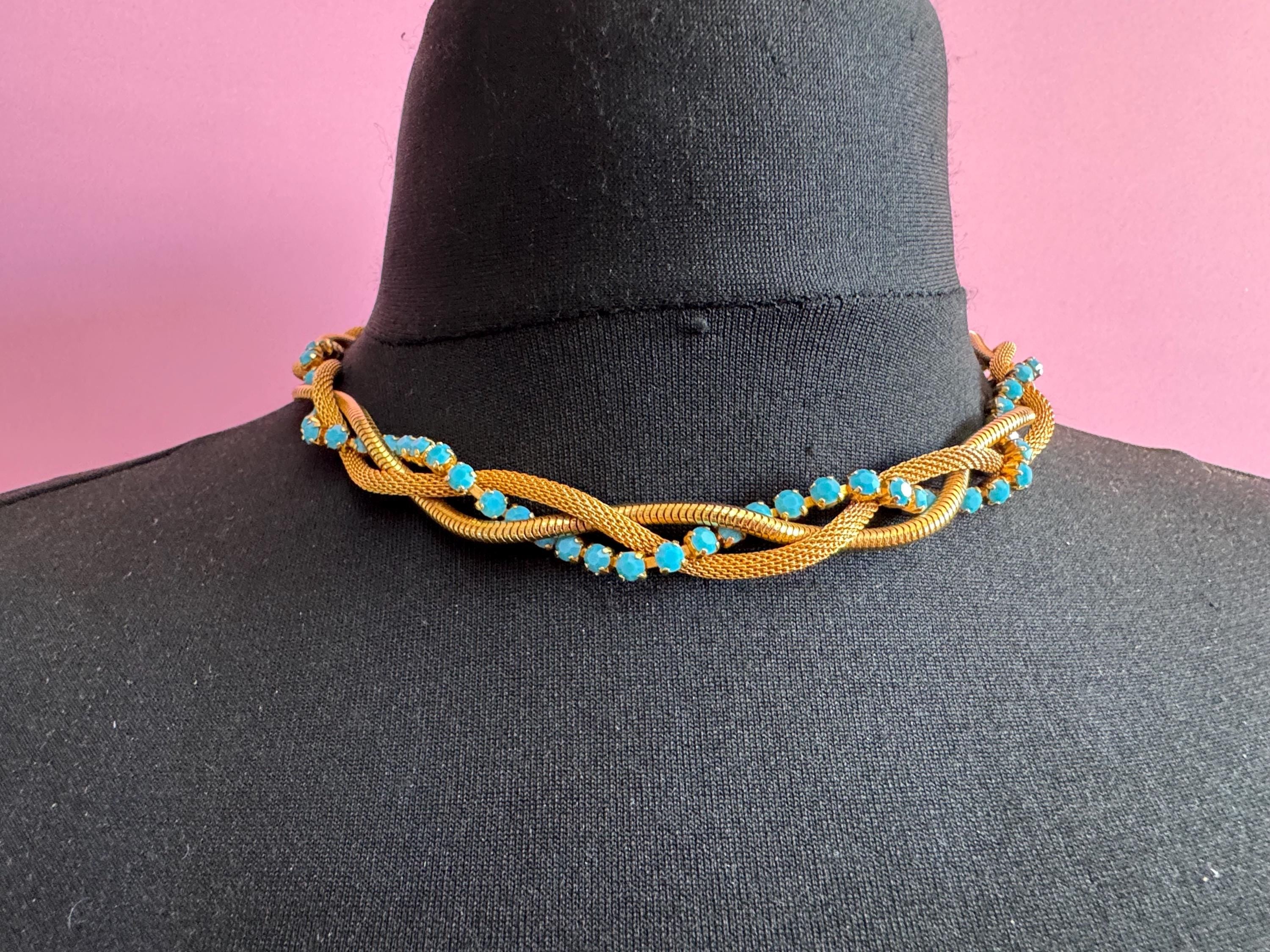 Vintage 1960s gold mesh twisted choker necklace with turquoise glass  stones,