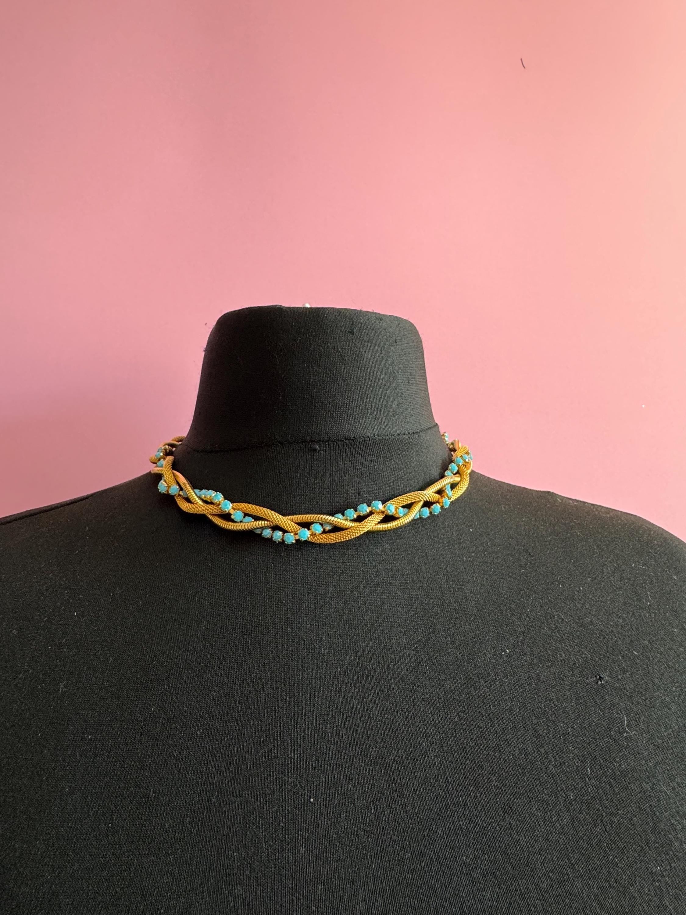 Vintage 1960s gold mesh twisted choker necklace with turquoise glass  stones,