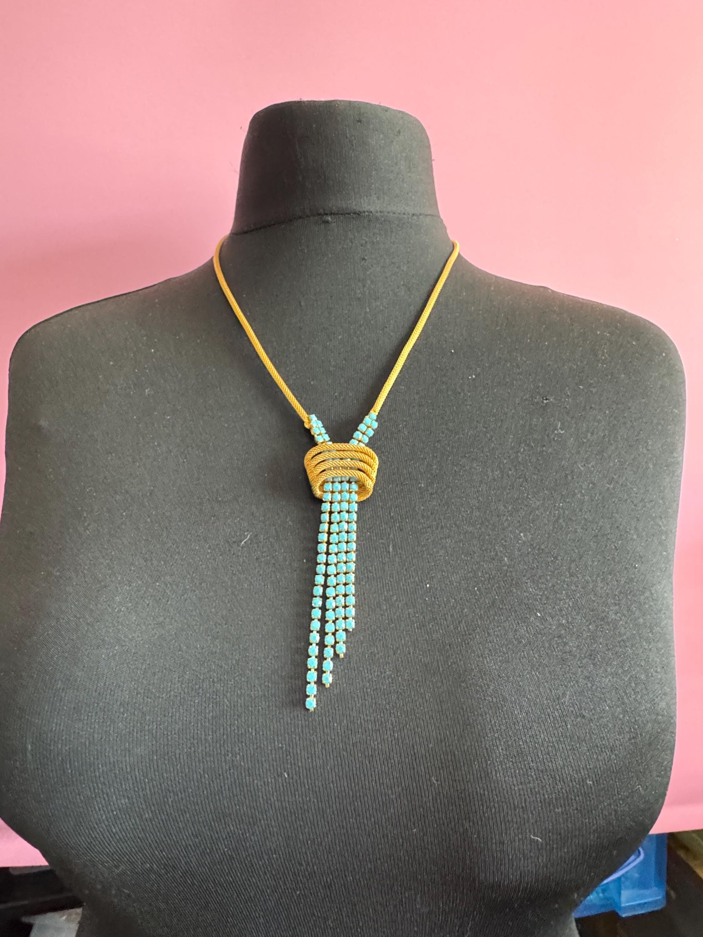 Vintage 1960s gold mesh lariat drop  necklace with turquoise stones