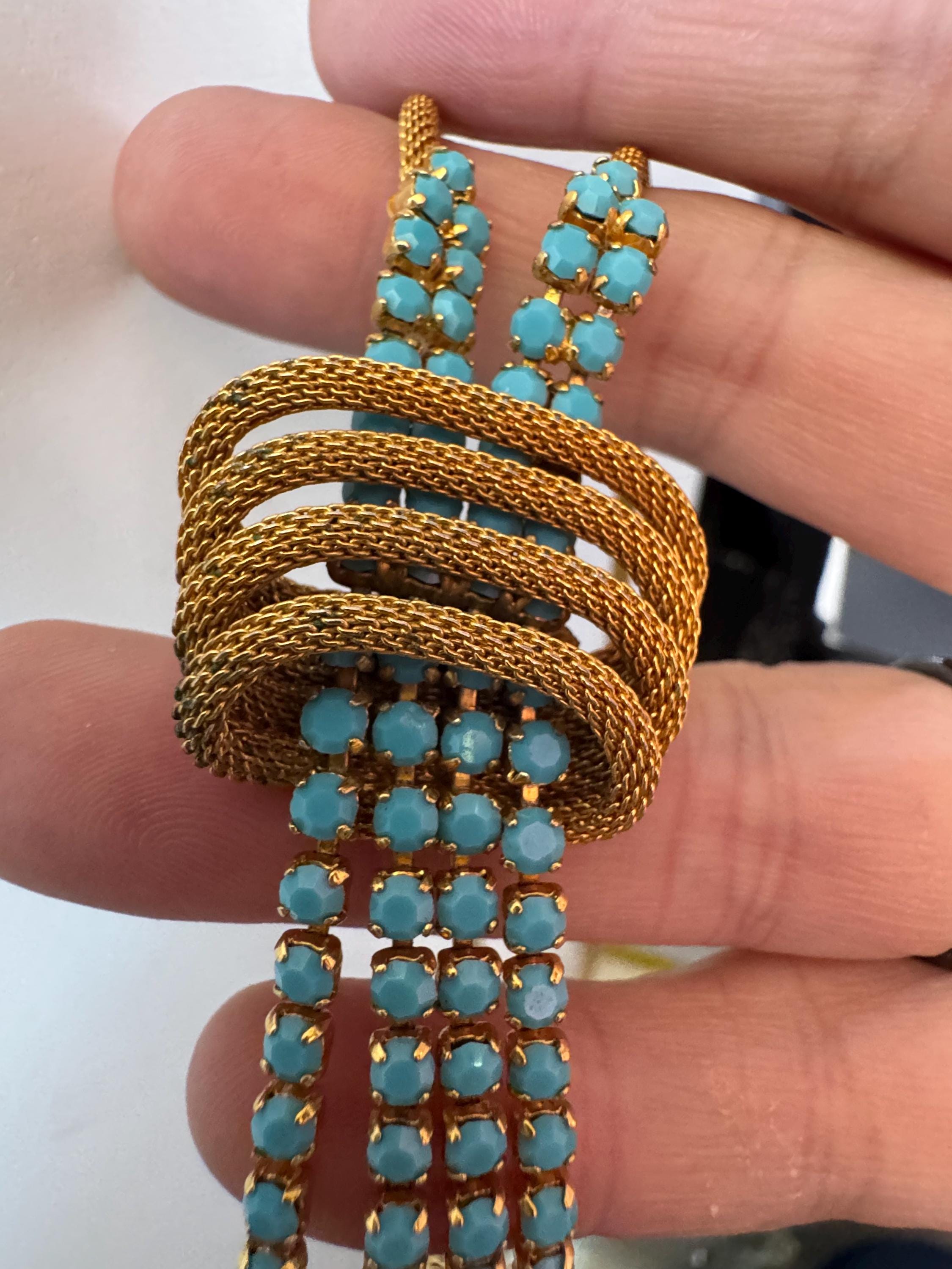 Vintage 1960s gold mesh lariat drop  necklace with turquoise stones