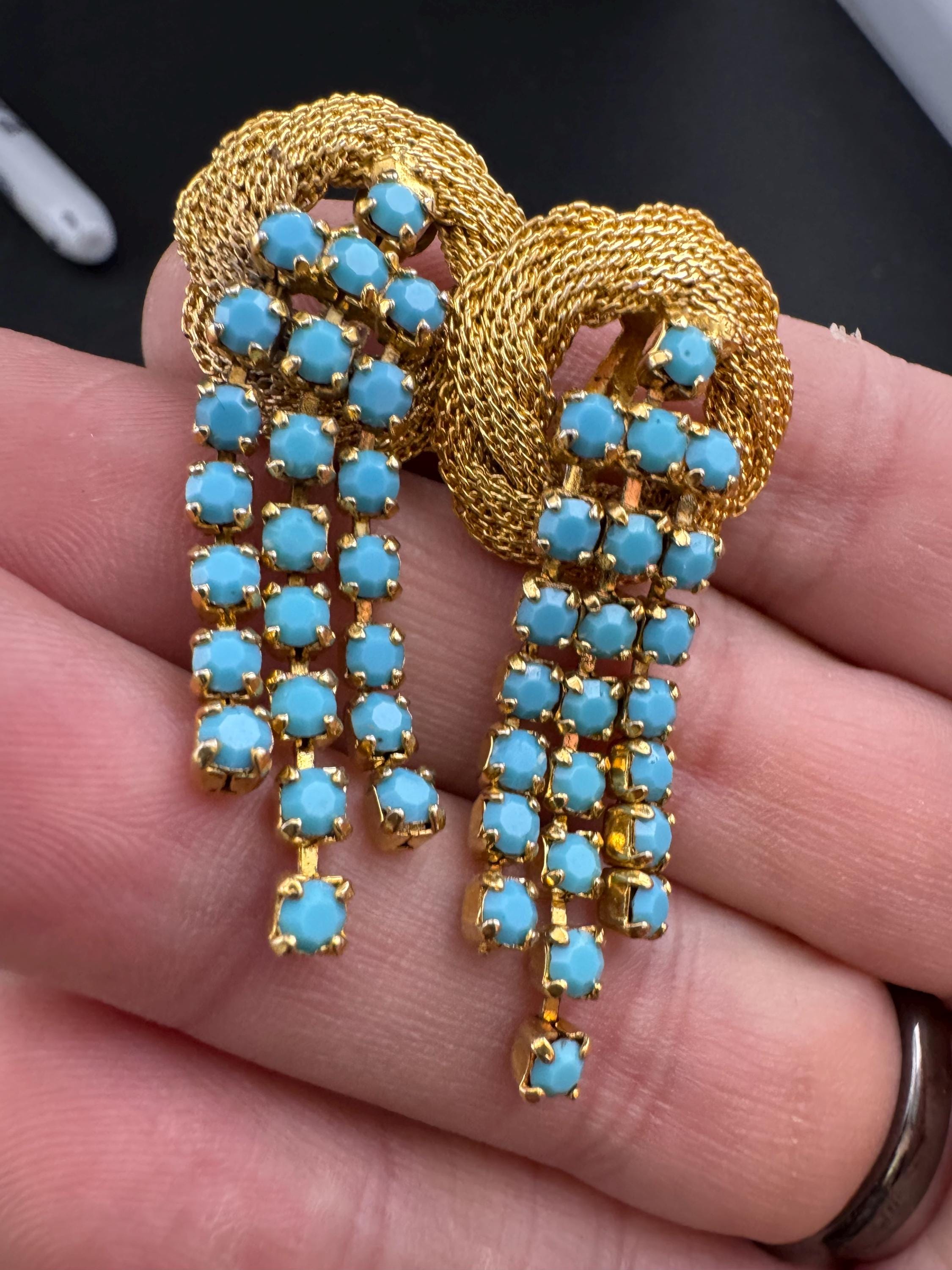 Vintage 1970s gold mesh Turquoise diamanté tassel clip on earrings