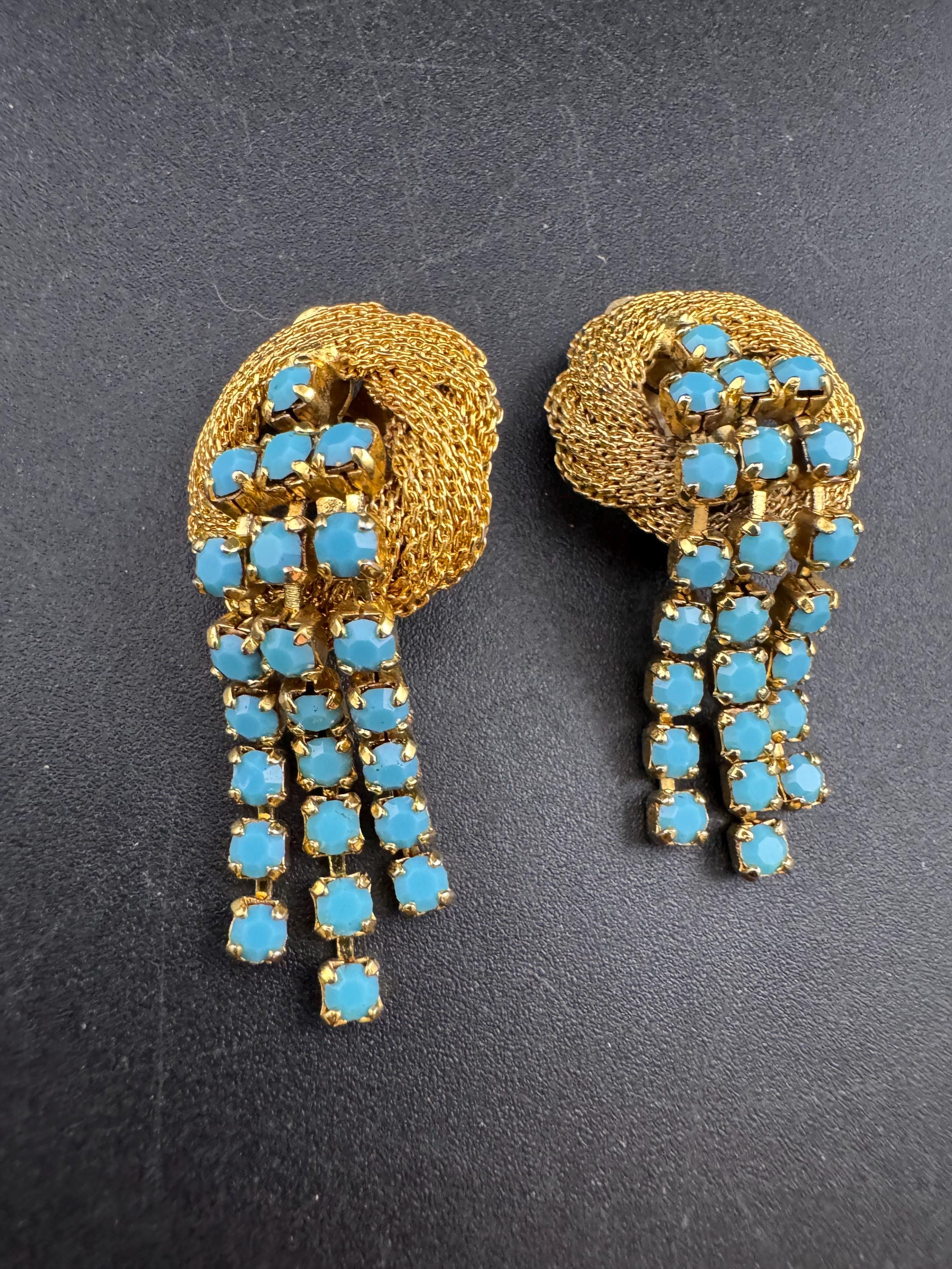 Vintage 1970s gold mesh Turquoise diamanté tassel clip on earrings