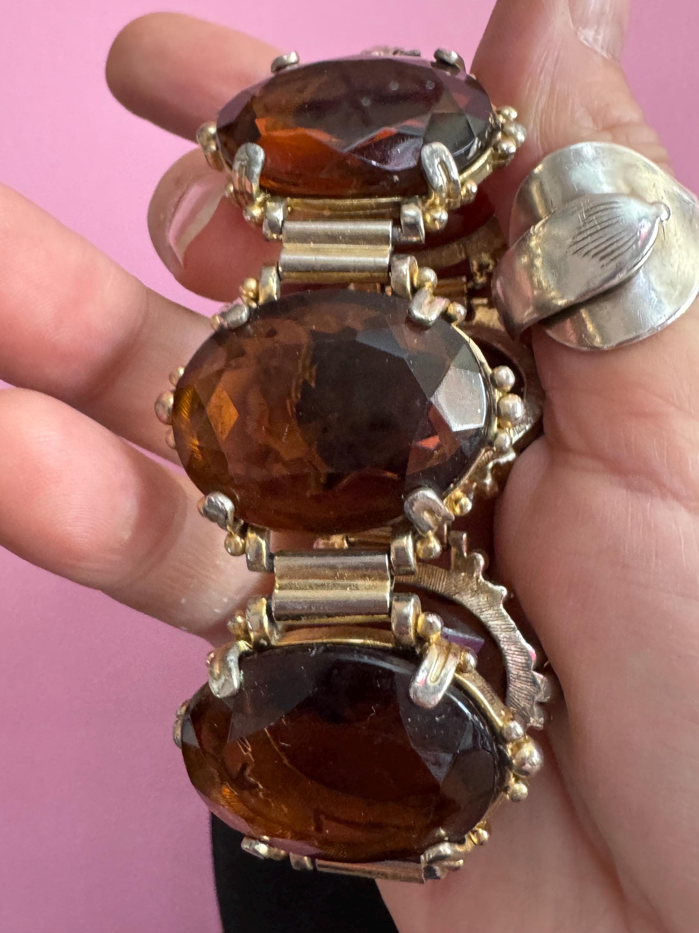 Vintage oversized dark brown cognac Glass Cabochon Gold Tone cocktail bracelet