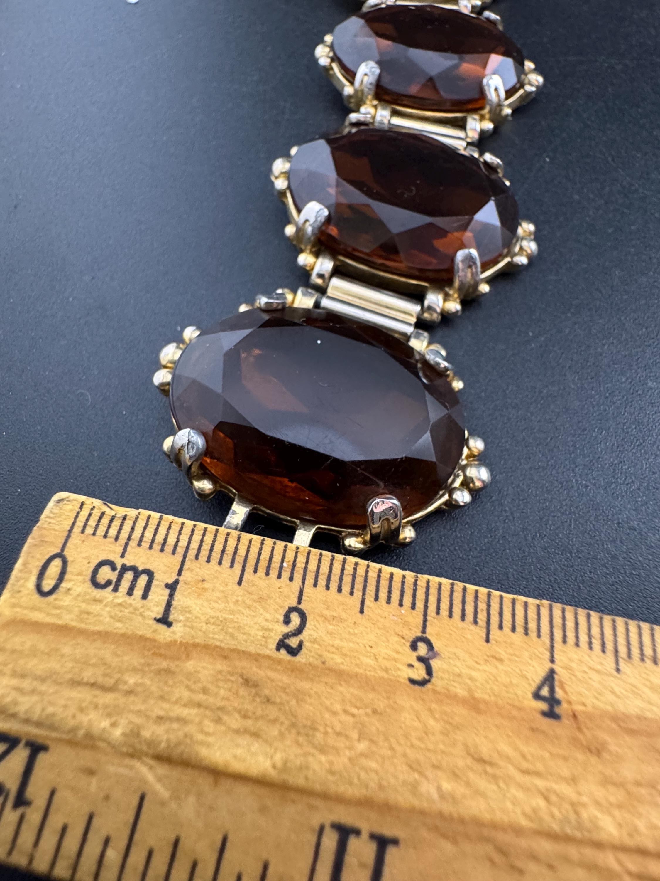 Vintage oversized dark brown cognac Glass Cabochon Gold Tone cocktail bracelet