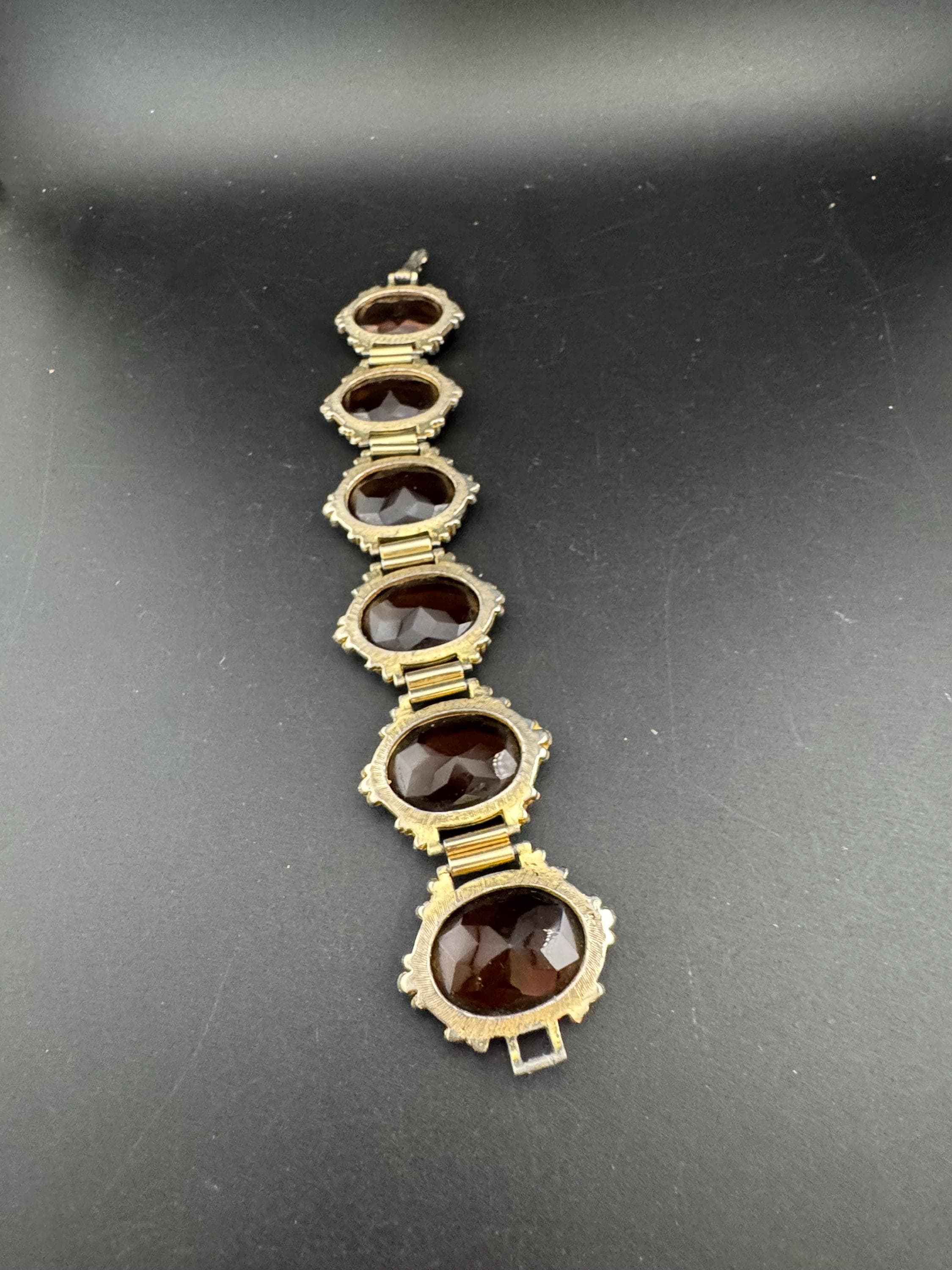 Vintage oversized dark brown cognac Glass Cabochon Gold Tone cocktail bracelet