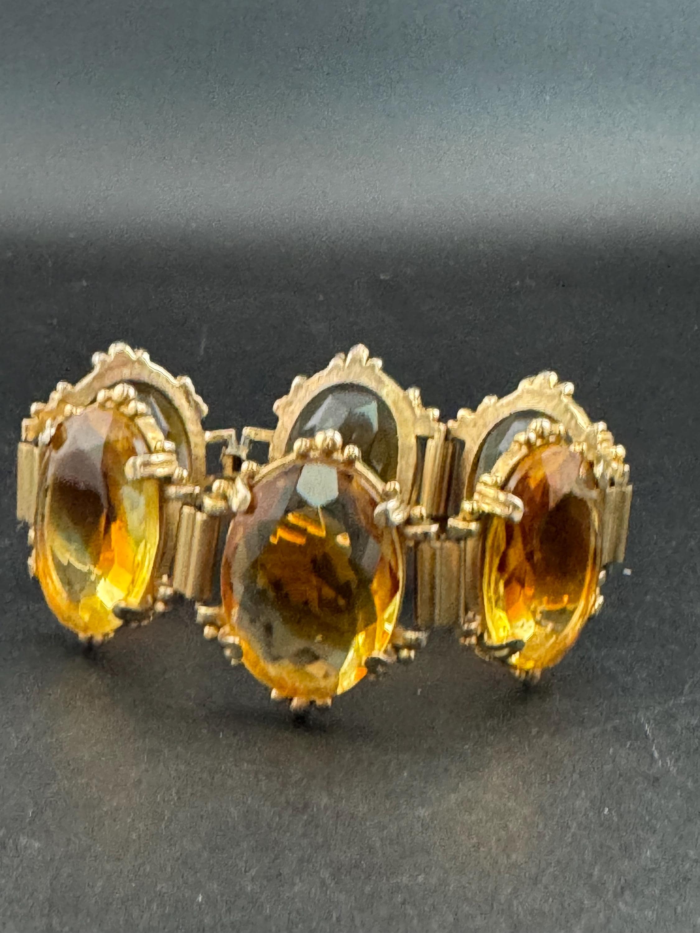 Faceted citrine orange Glass Gold Tone chunky panel link cocktail bracelet