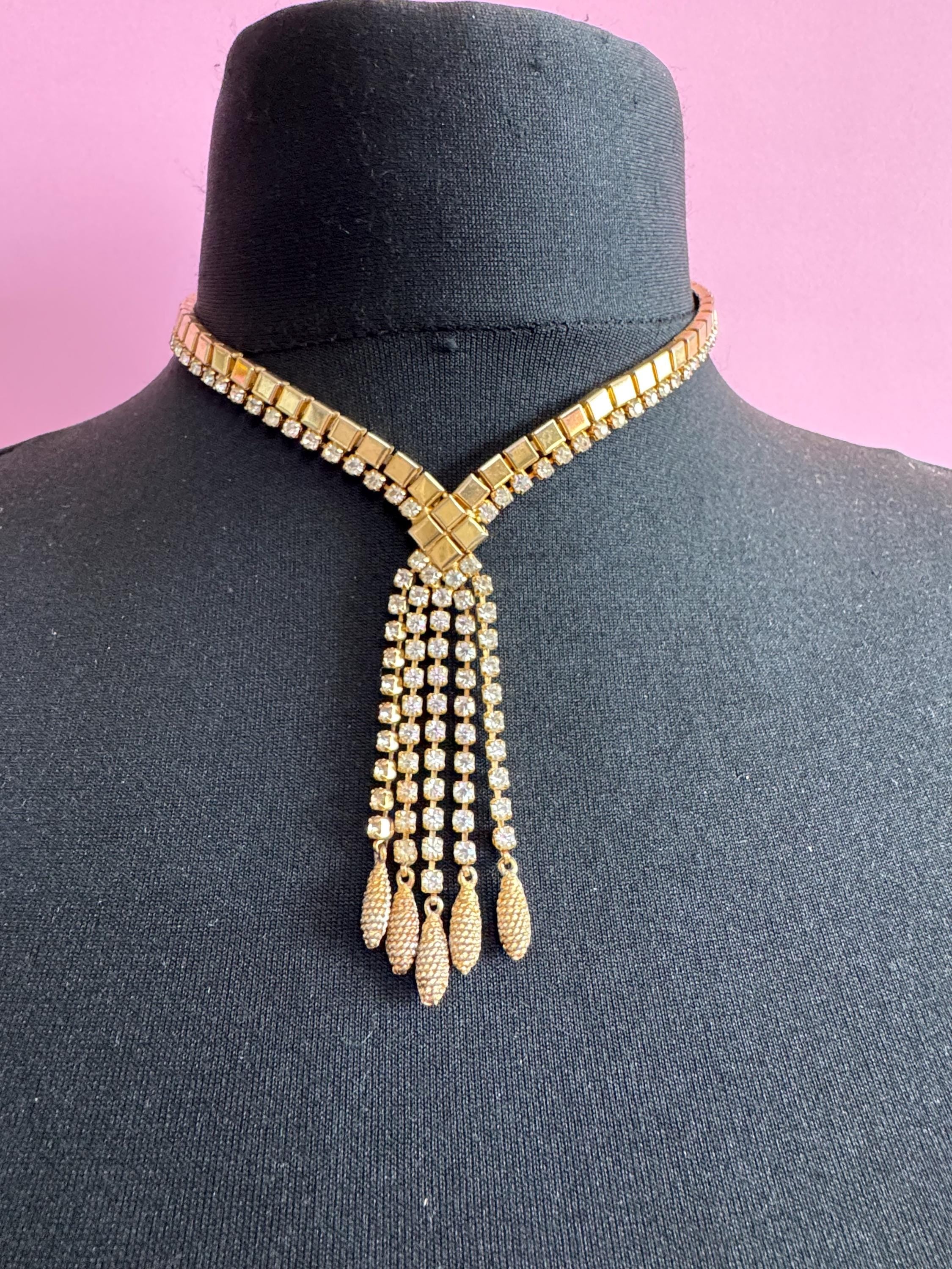 Vintage penino gold tone mesh & Clear paste diamanté waterfall lariat necklace