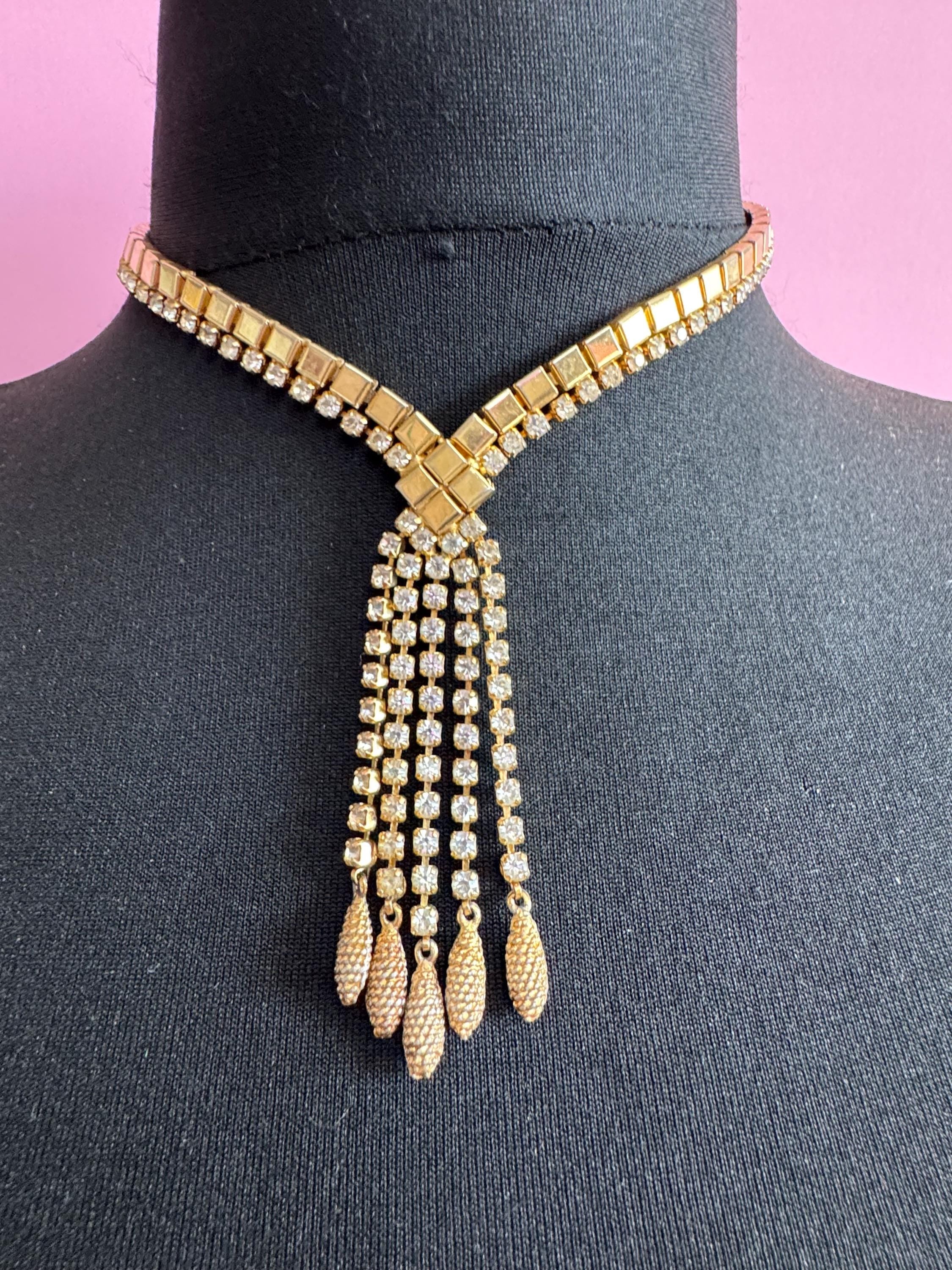 Vintage penino gold tone mesh & Clear paste diamanté waterfall lariat necklace