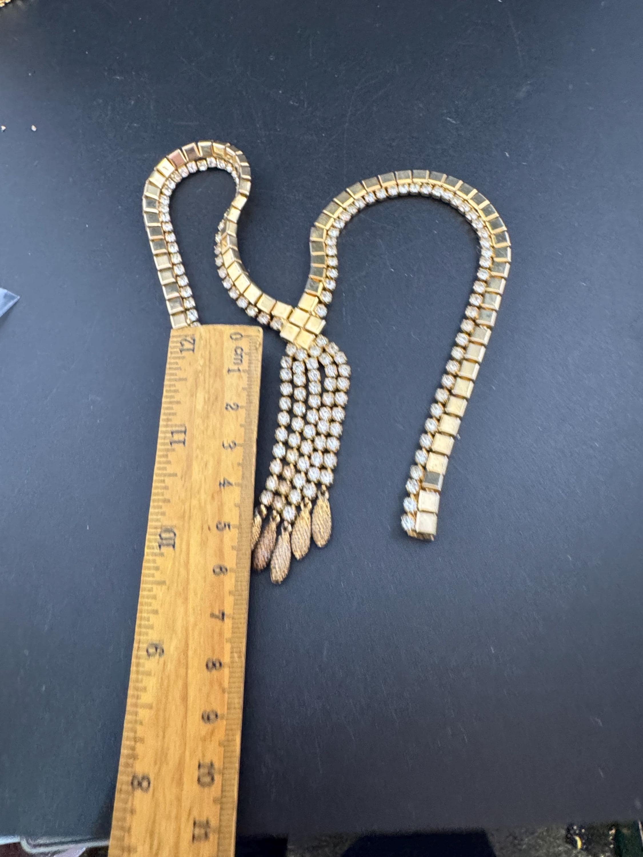 Vintage penino gold tone mesh & Clear paste diamanté waterfall lariat necklace