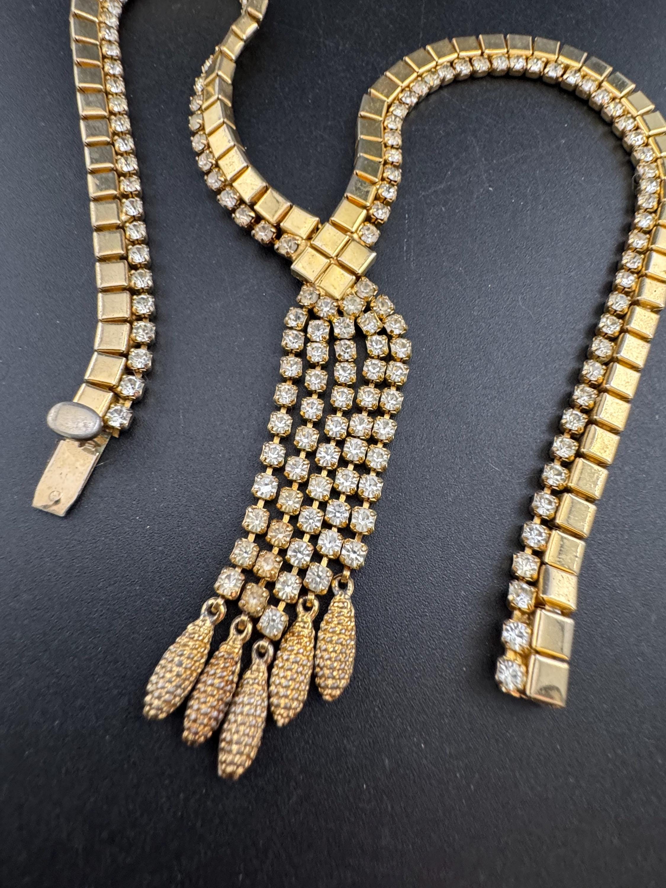 Vintage penino gold tone mesh & Clear paste diamanté waterfall lariat necklace