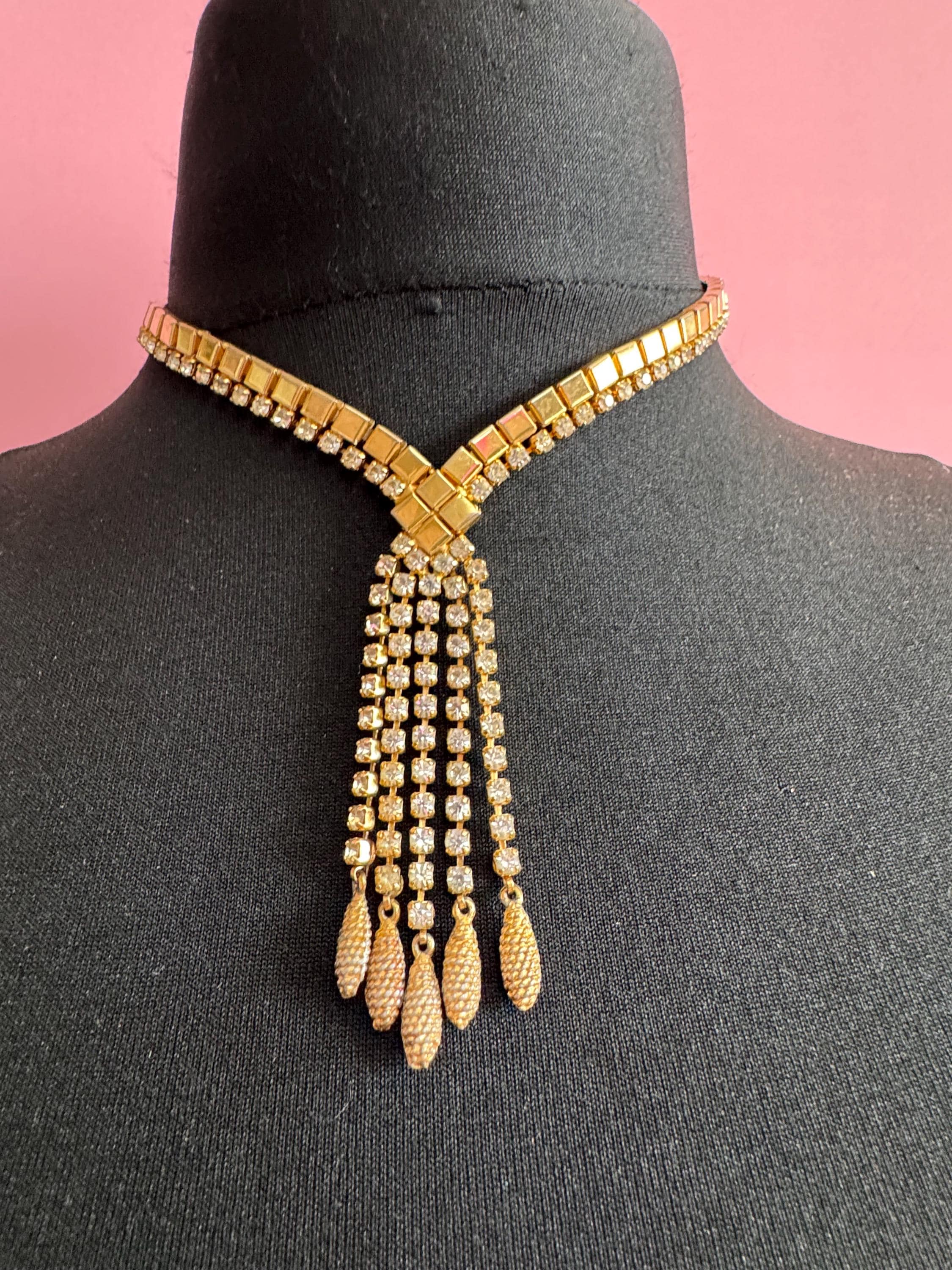 Vintage penino gold tone mesh & Clear paste diamanté waterfall lariat necklace