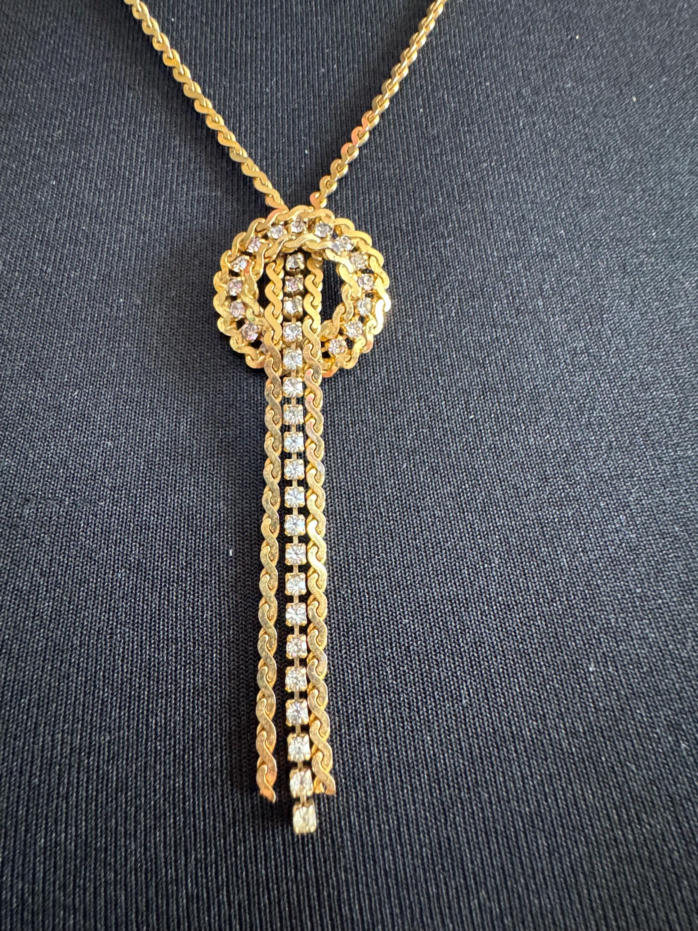 Vintage penino Gold Lariat Necklace: Diamanté Tassel Drop
