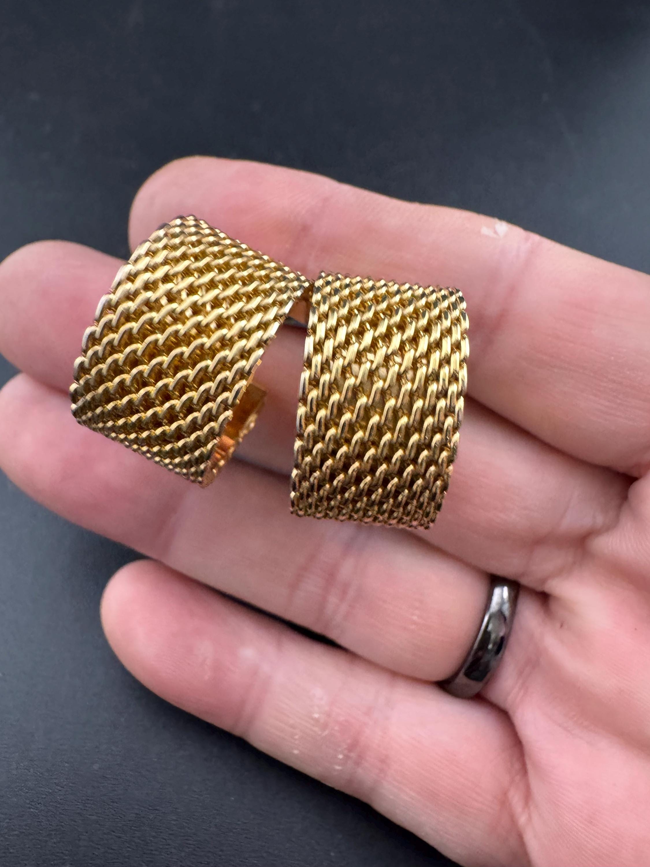 1980s gold tone wide mesh clip on  hoop earrings