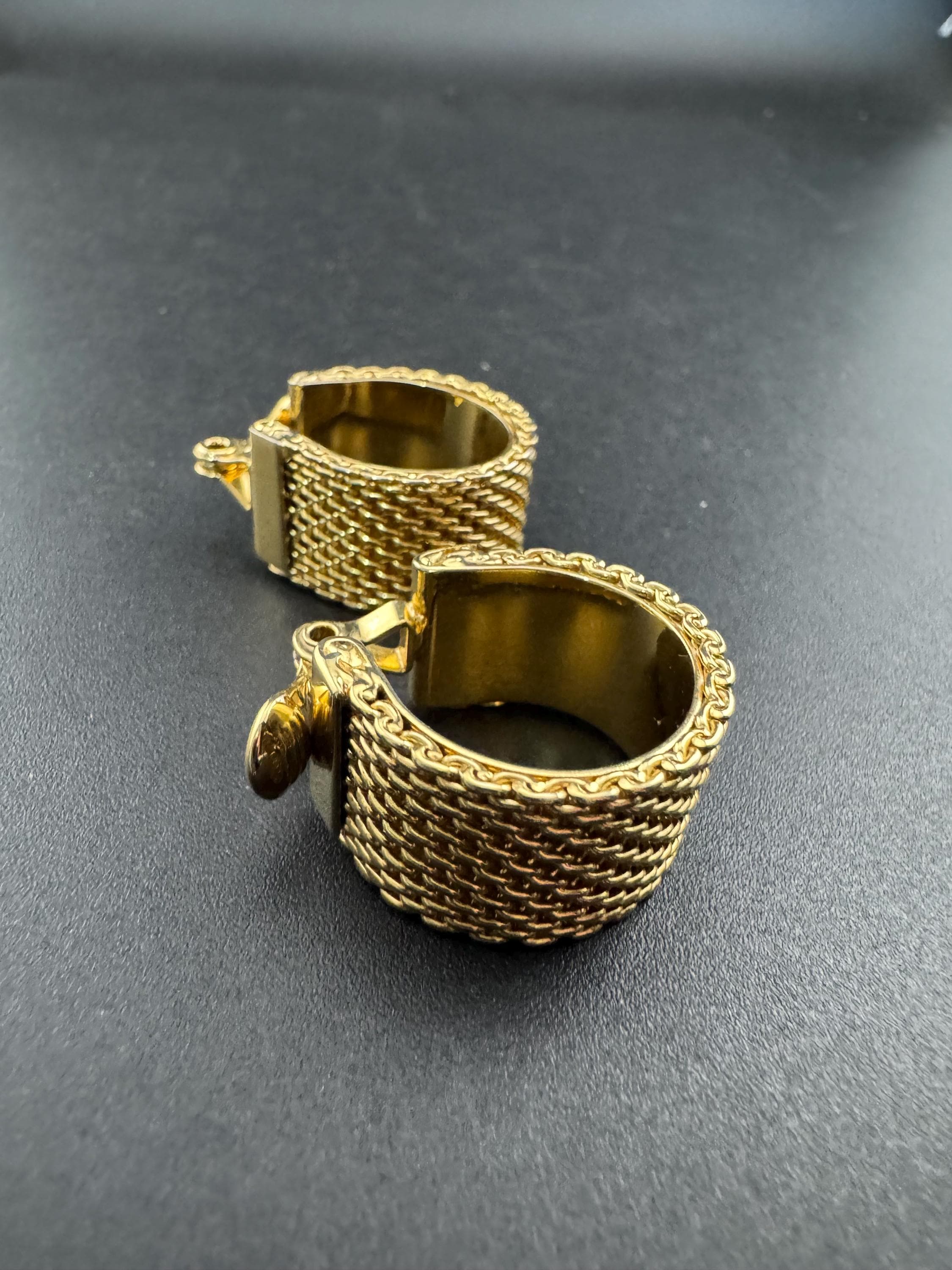 1980s gold tone wide mesh clip on  hoop earrings