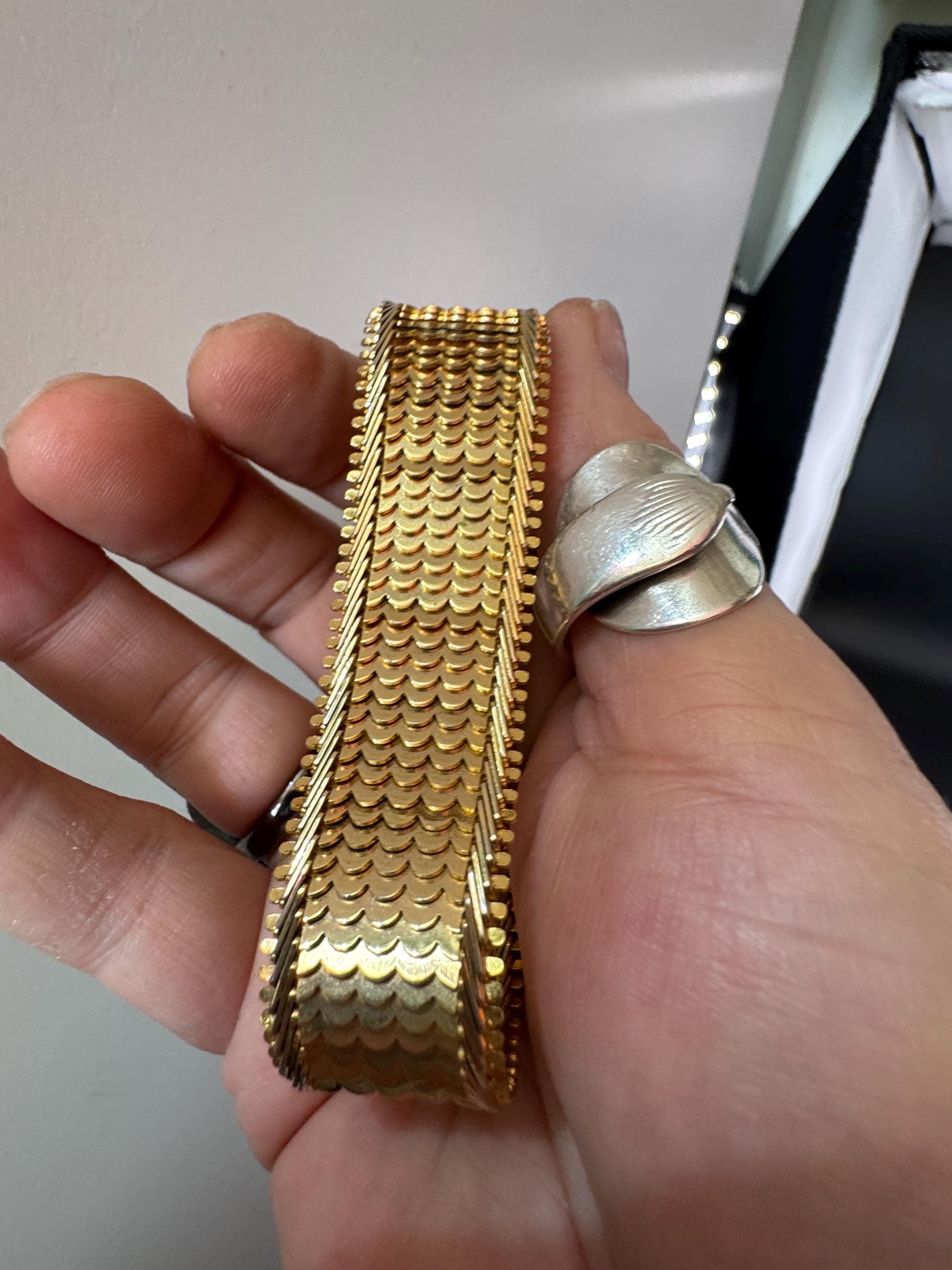 articulated gold plated cuff wide bracelet, unsigned