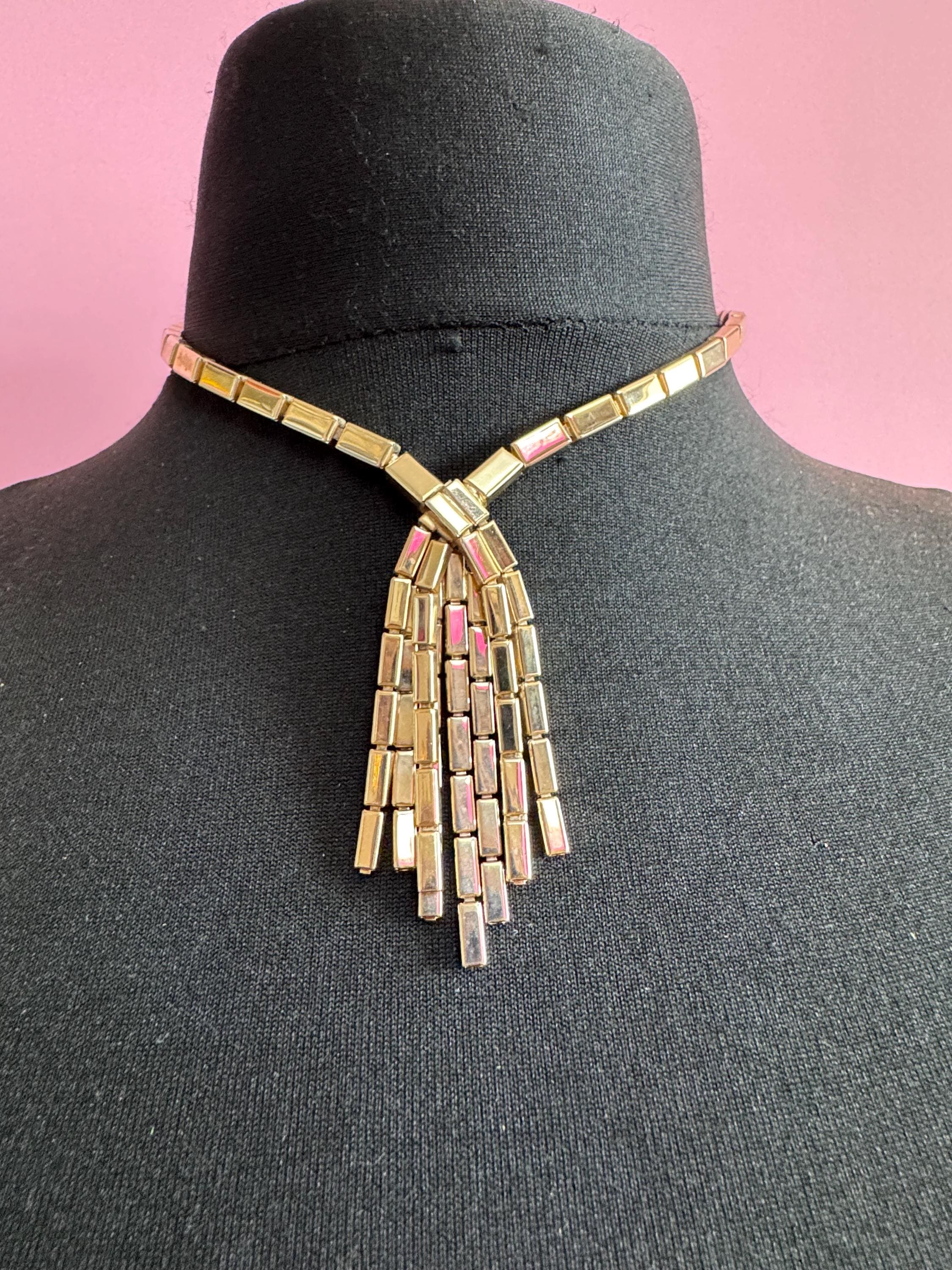 Vintage long tube mesh gold tassel necklace, 1960s modernist