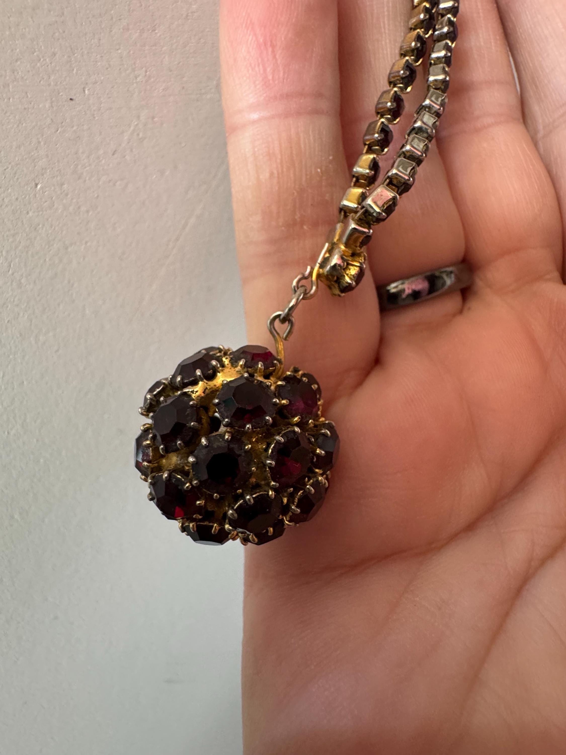 Vintage red garnet rhinestone long ball pendant layering necklace