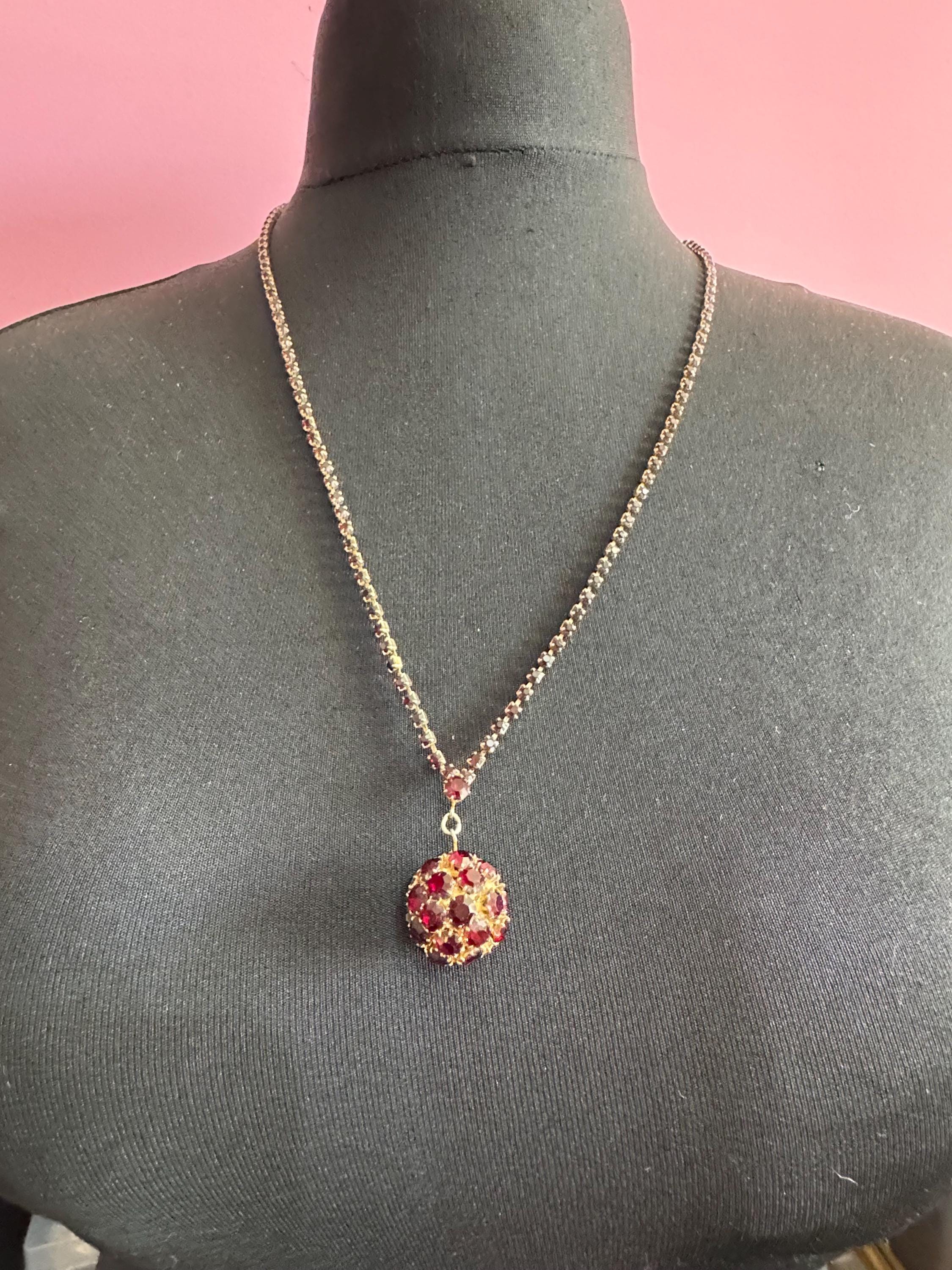 Vintage red garnet rhinestone long ball pendant layering necklace