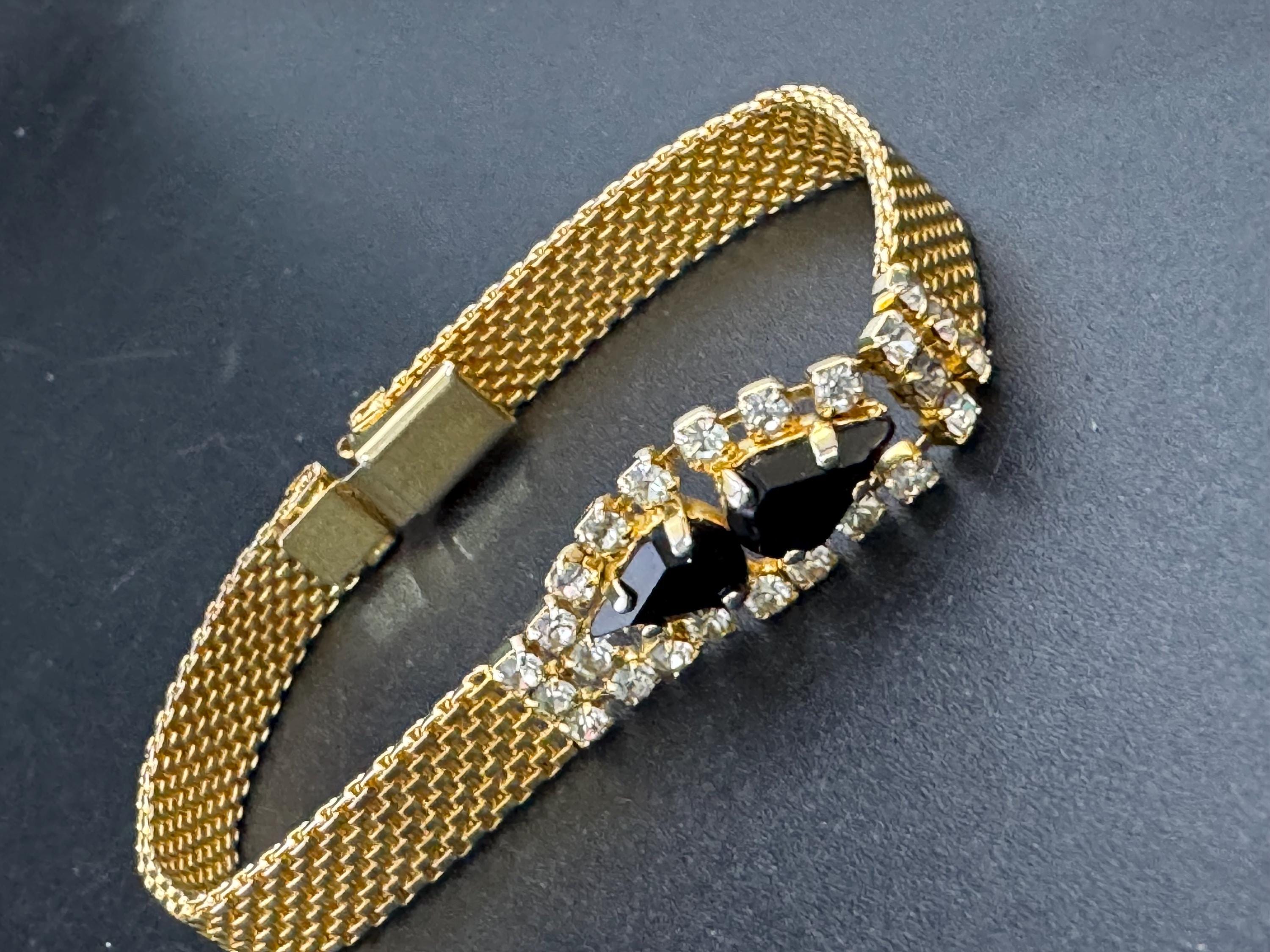 Vintage black rhinestone Glass Gold Tone mesh cocktail bracelet