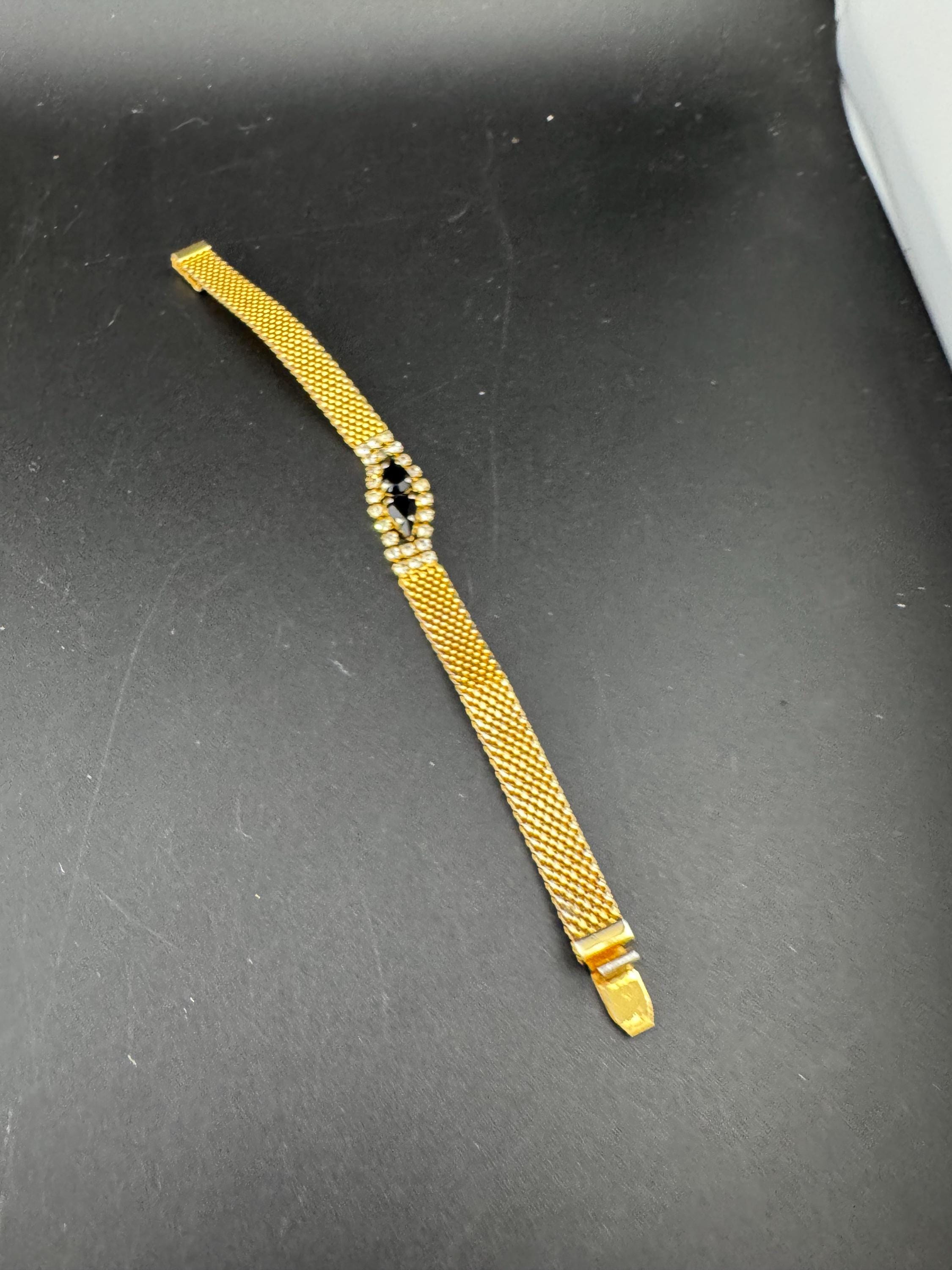 Vintage black rhinestone Glass Gold Tone mesh cocktail bracelet