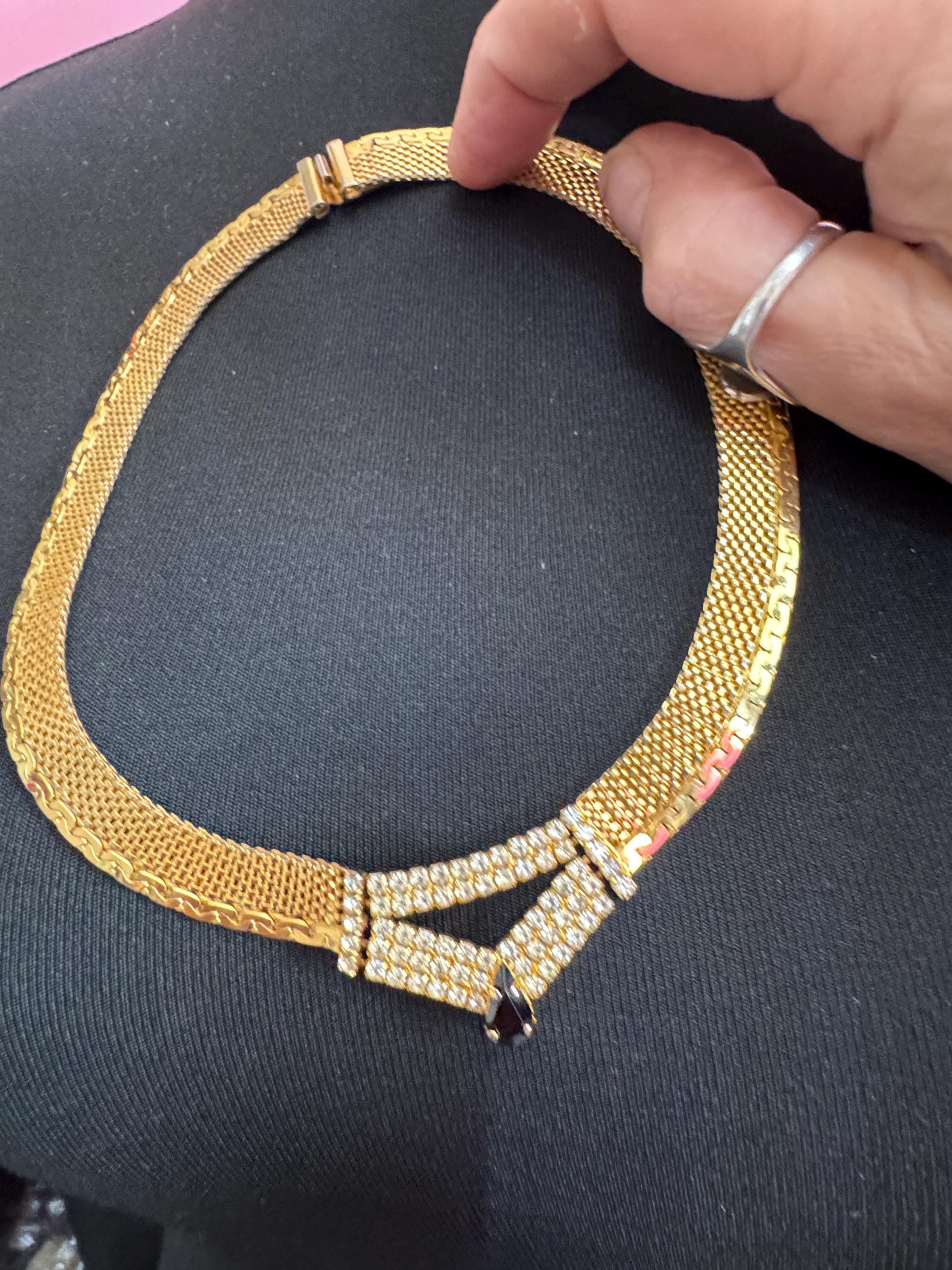 Vintage black and clear rhinestone gold mesh choker necklace 42cm