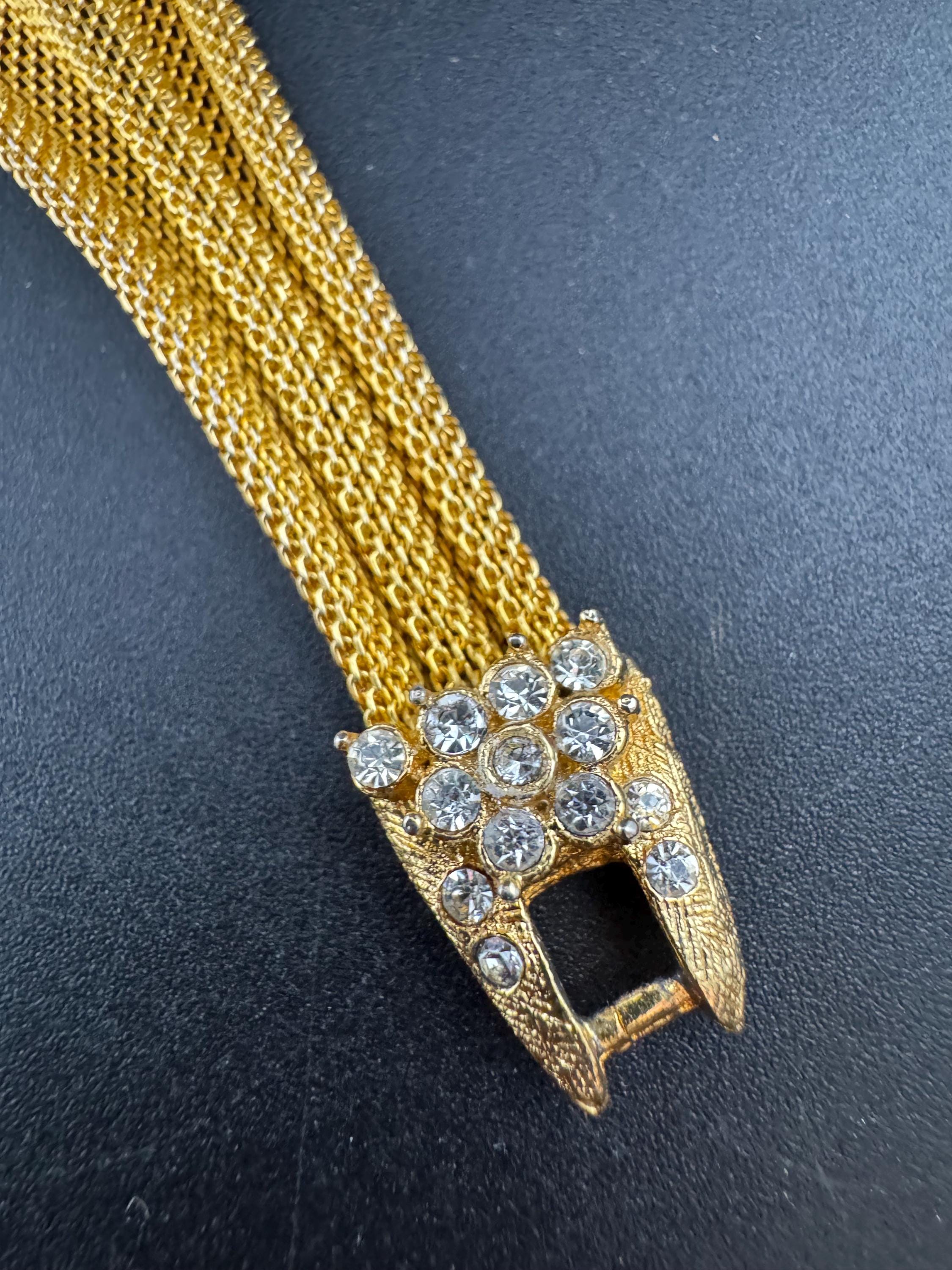 Vintage gold mesh ruby red rhinestone cocktail bracelet 1970s 1960s