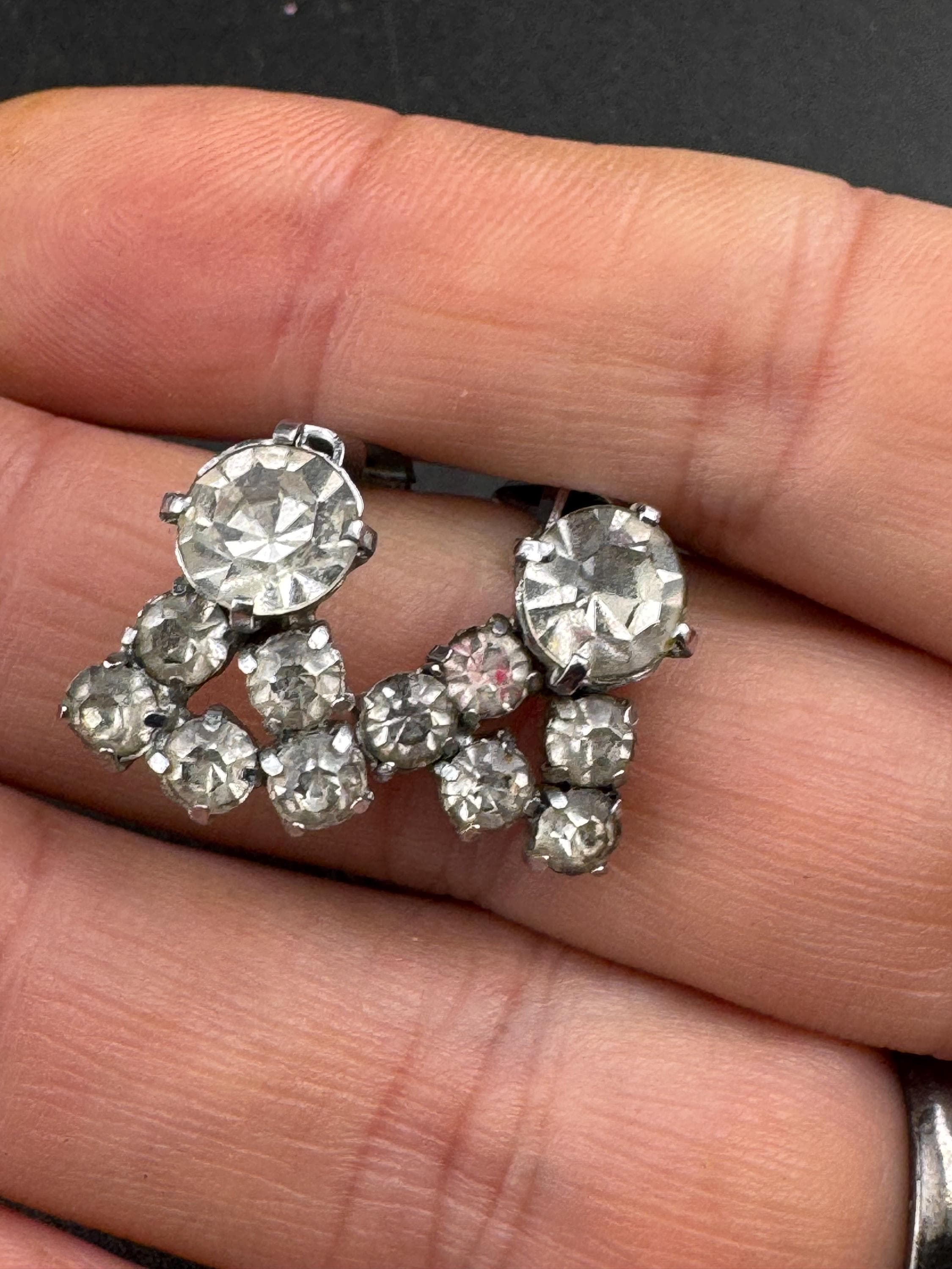 Small vintage clear Diamanté Rhinestone Clip On Earrings,  mid century studs