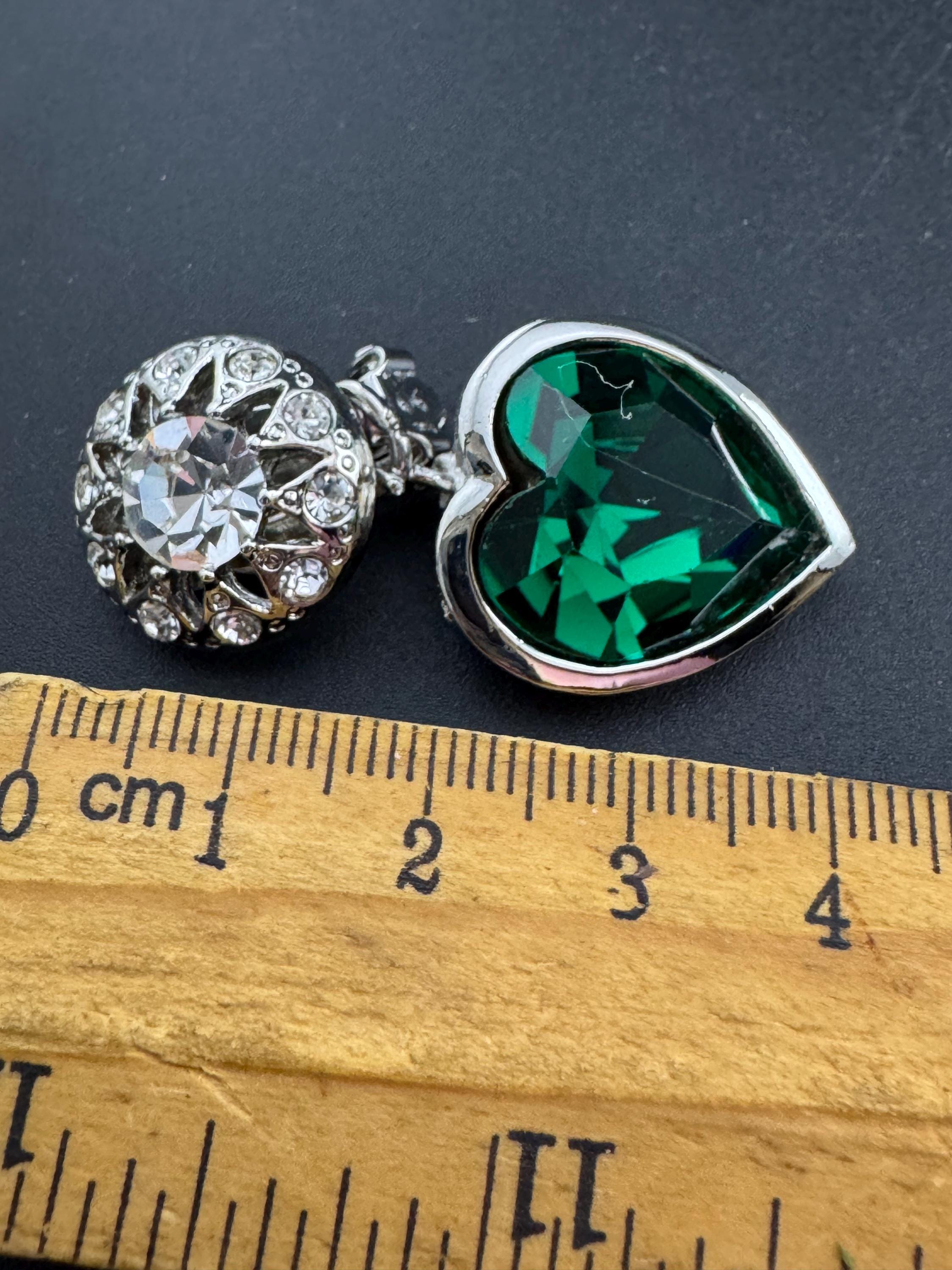 vintage emerald green Swarovski crystal love heart drop earrings, silver tone