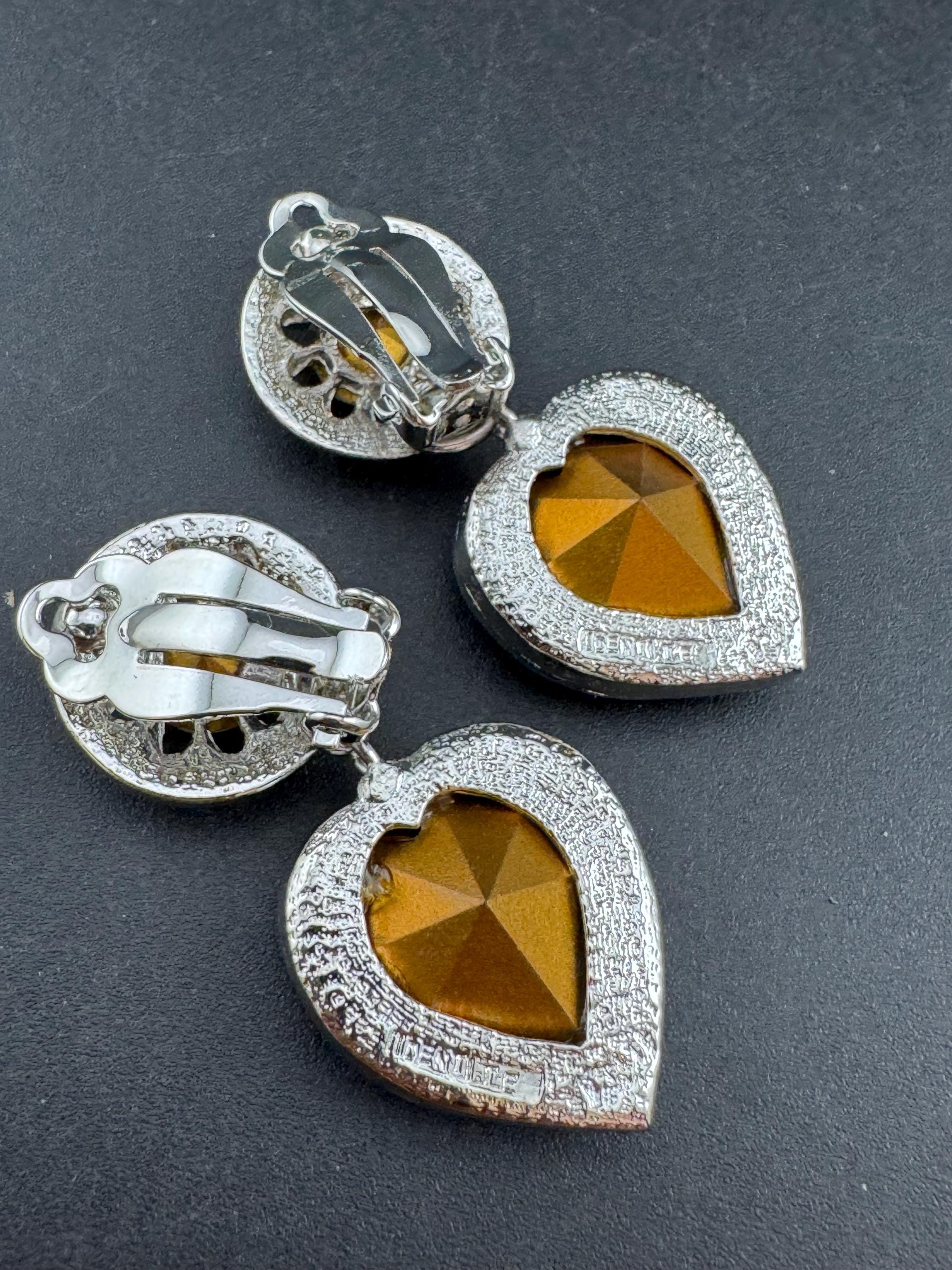 vintage pink Swarovski crystal love heart drop earrings, silver tone