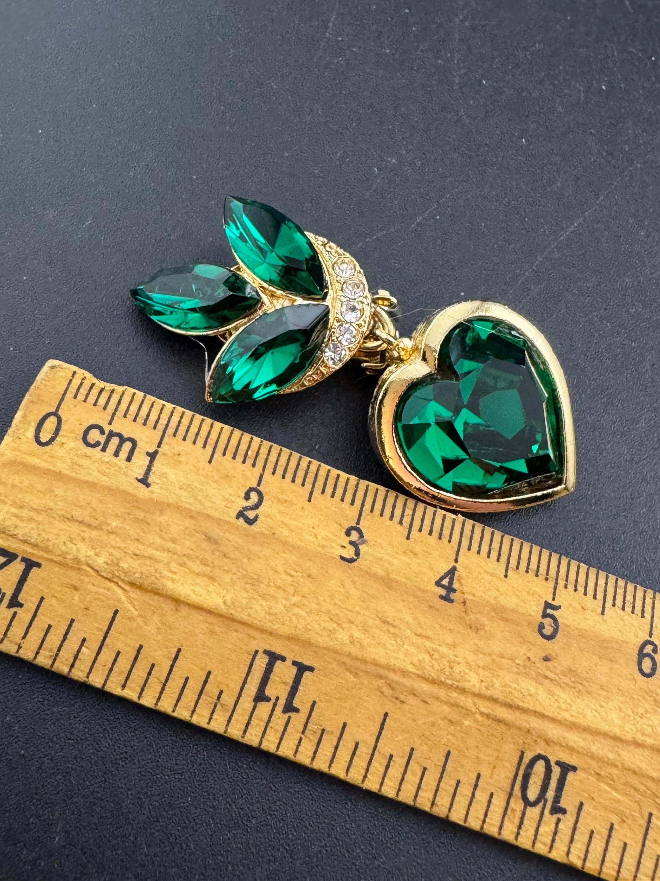 vintage emerald green Swarovski crystal love heart earrings, gold tone  1980s
