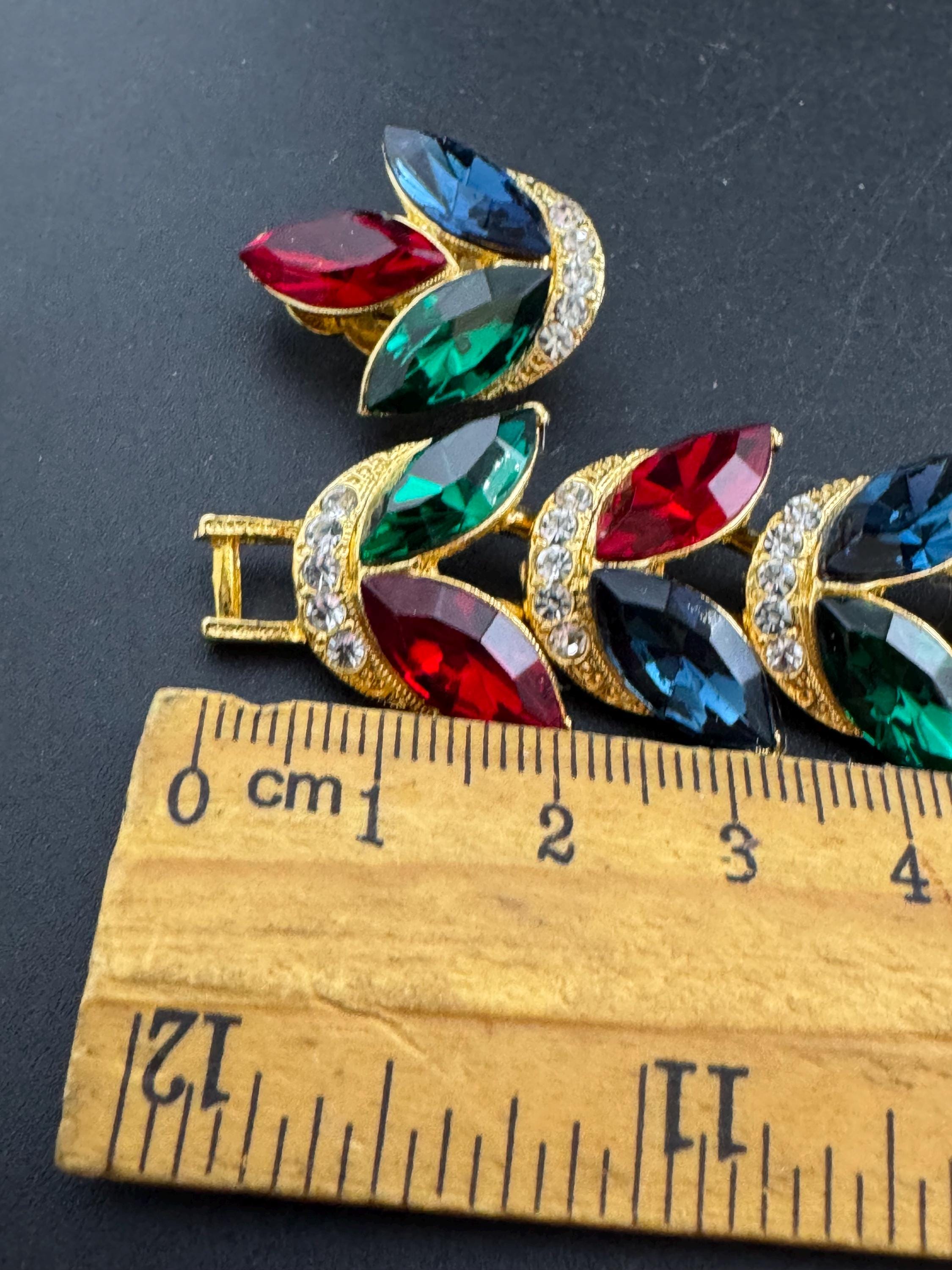 Vintage Swarovski Crystal Jewelry Set: Gold Tone Leaf Bracelet and Clip Earrings
