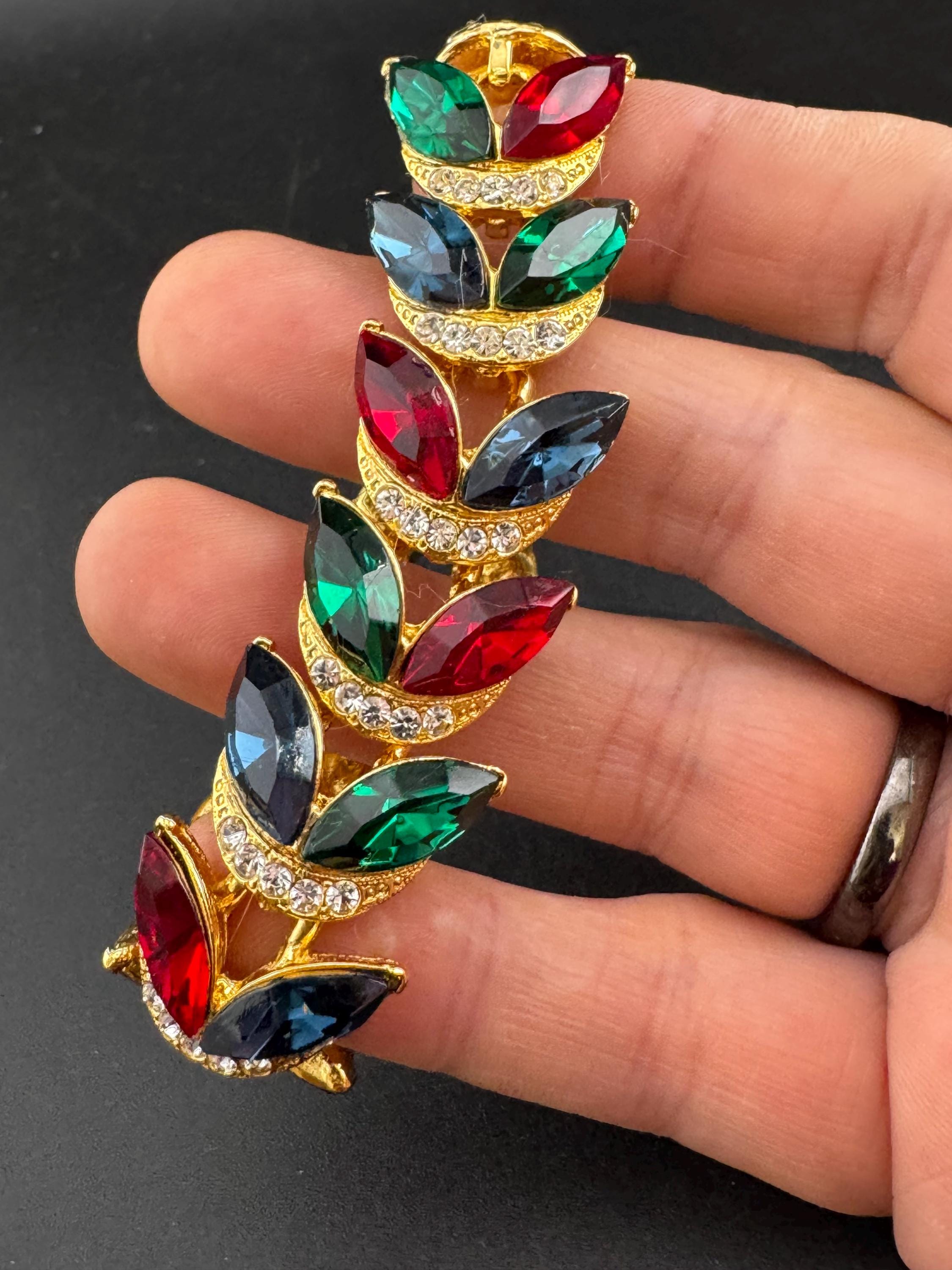 Vintage Swarovski Crystal Jewelry Set: Gold Tone Leaf Bracelet and Clip Earrings