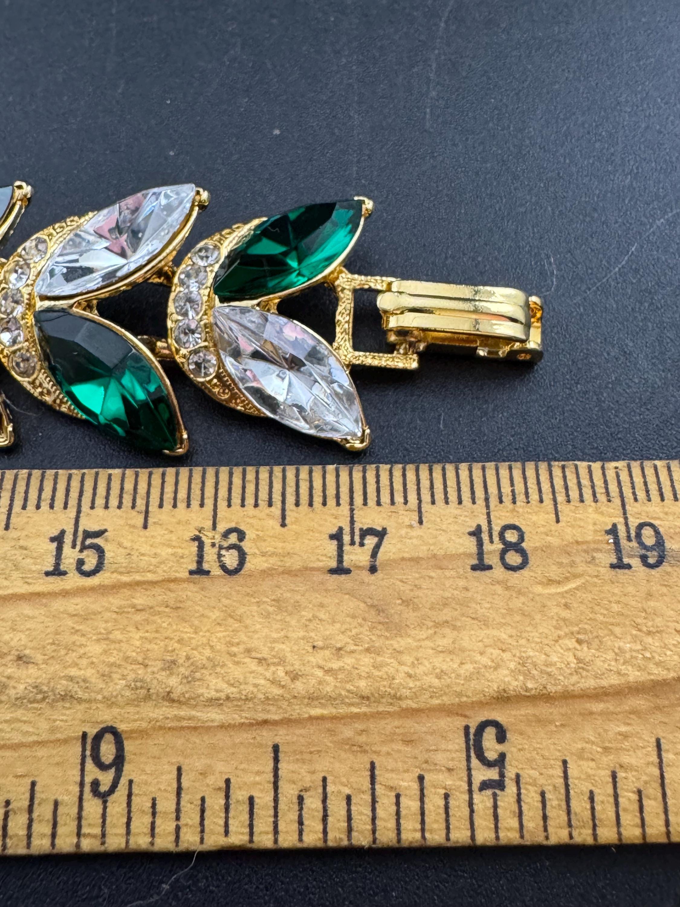 Vintage Emerald Swarovski Crystal Jewellery Set, Gold Plated Necklace, Bracelet, Earrings