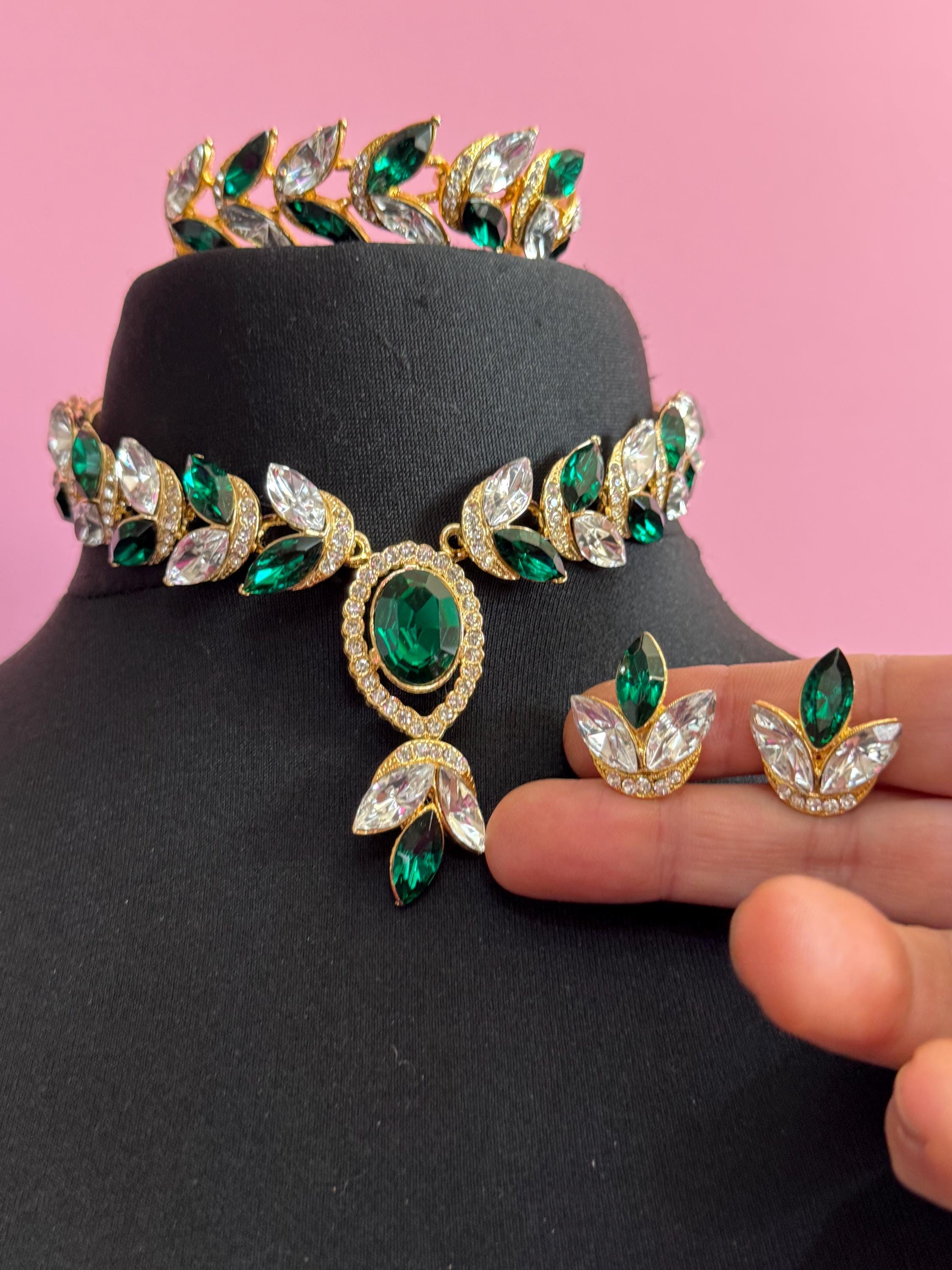 Vintage Emerald Swarovski Crystal Jewellery Set, Gold Plated Necklace, Bracelet, Earrings