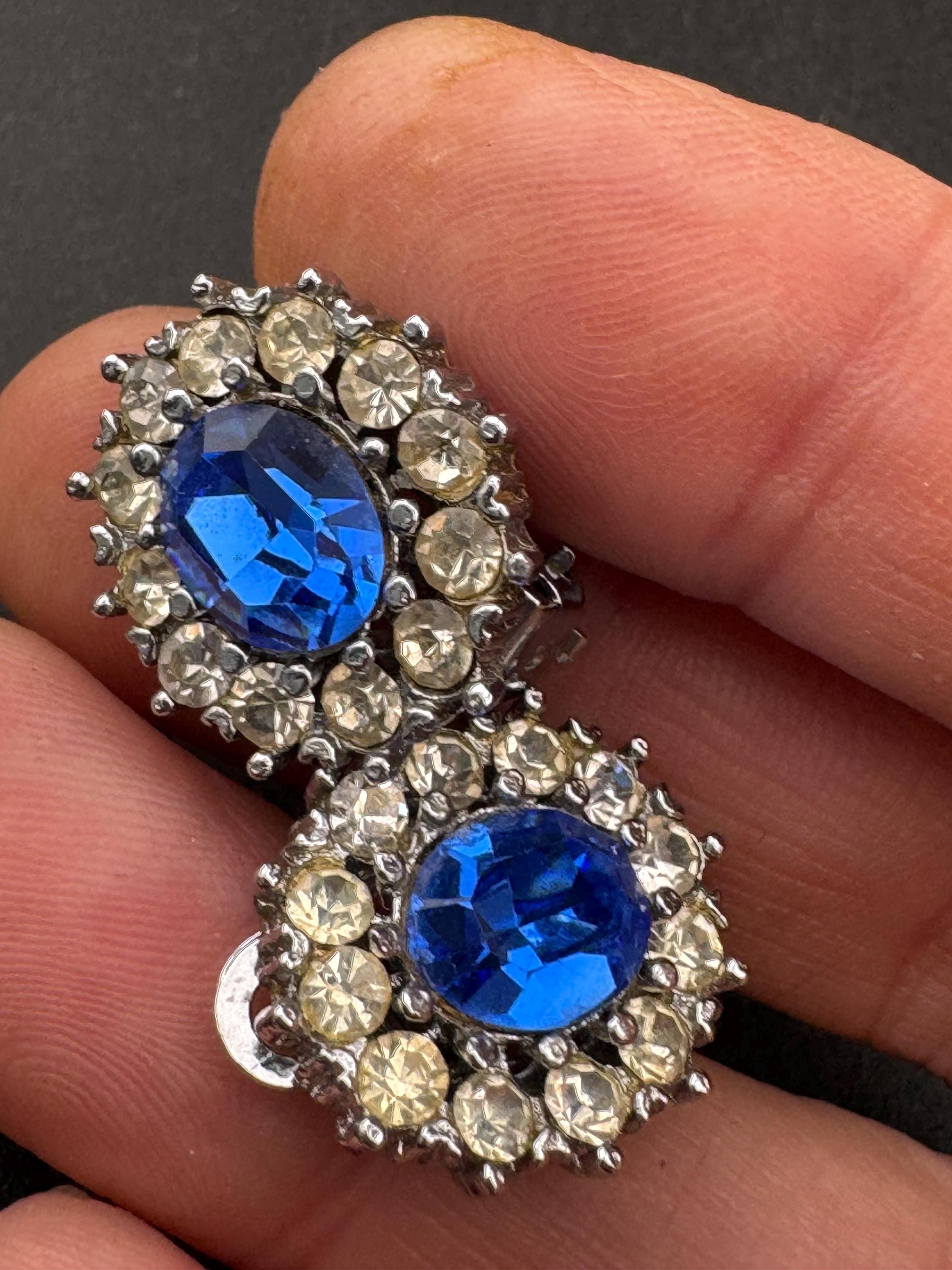 Vintage blue sapphire and clear glass diamanté clip on earrings, silver tone