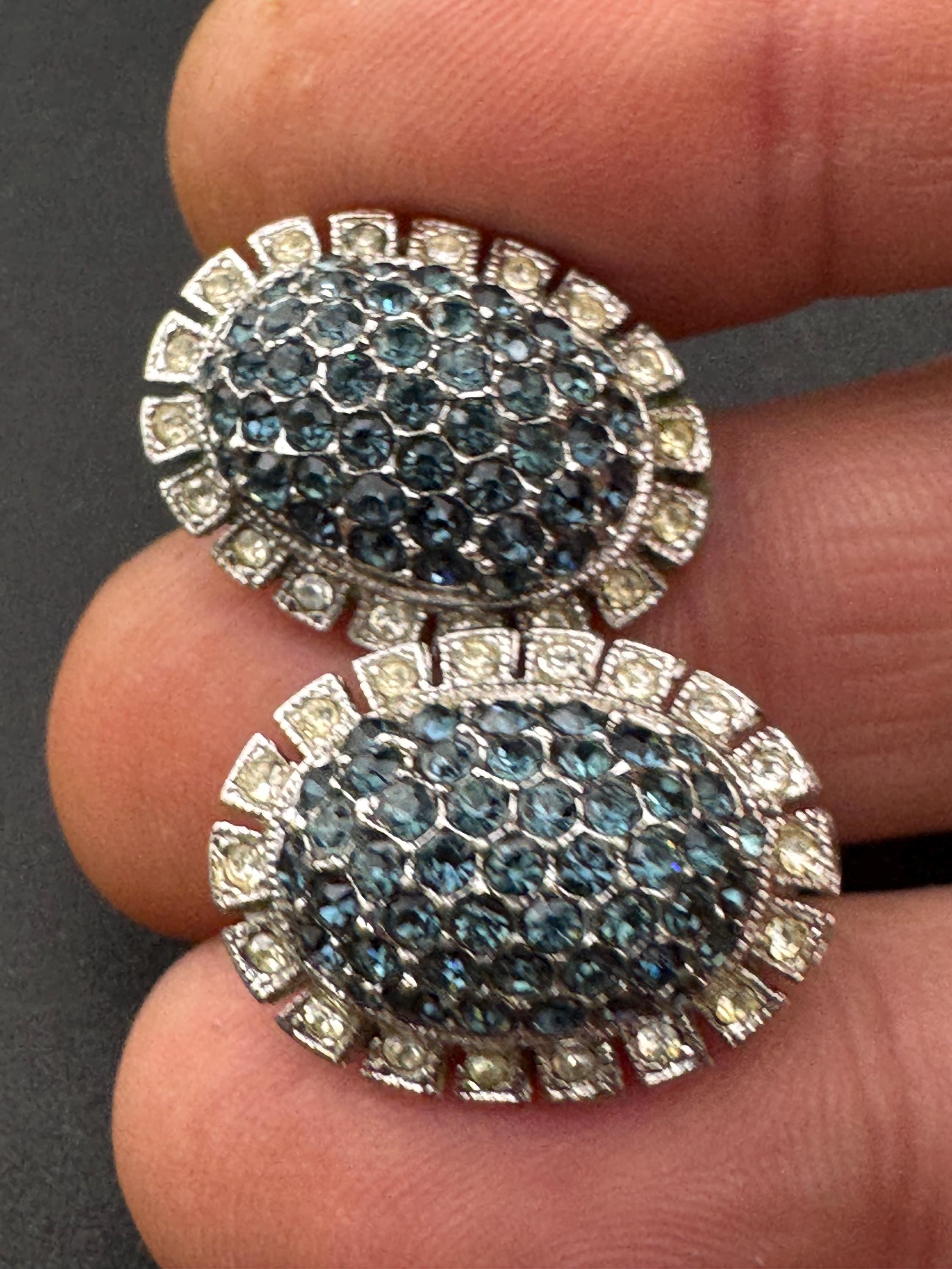 Vintage blue sapphire and clear glass diamanté oval clip on earrings, silver tone