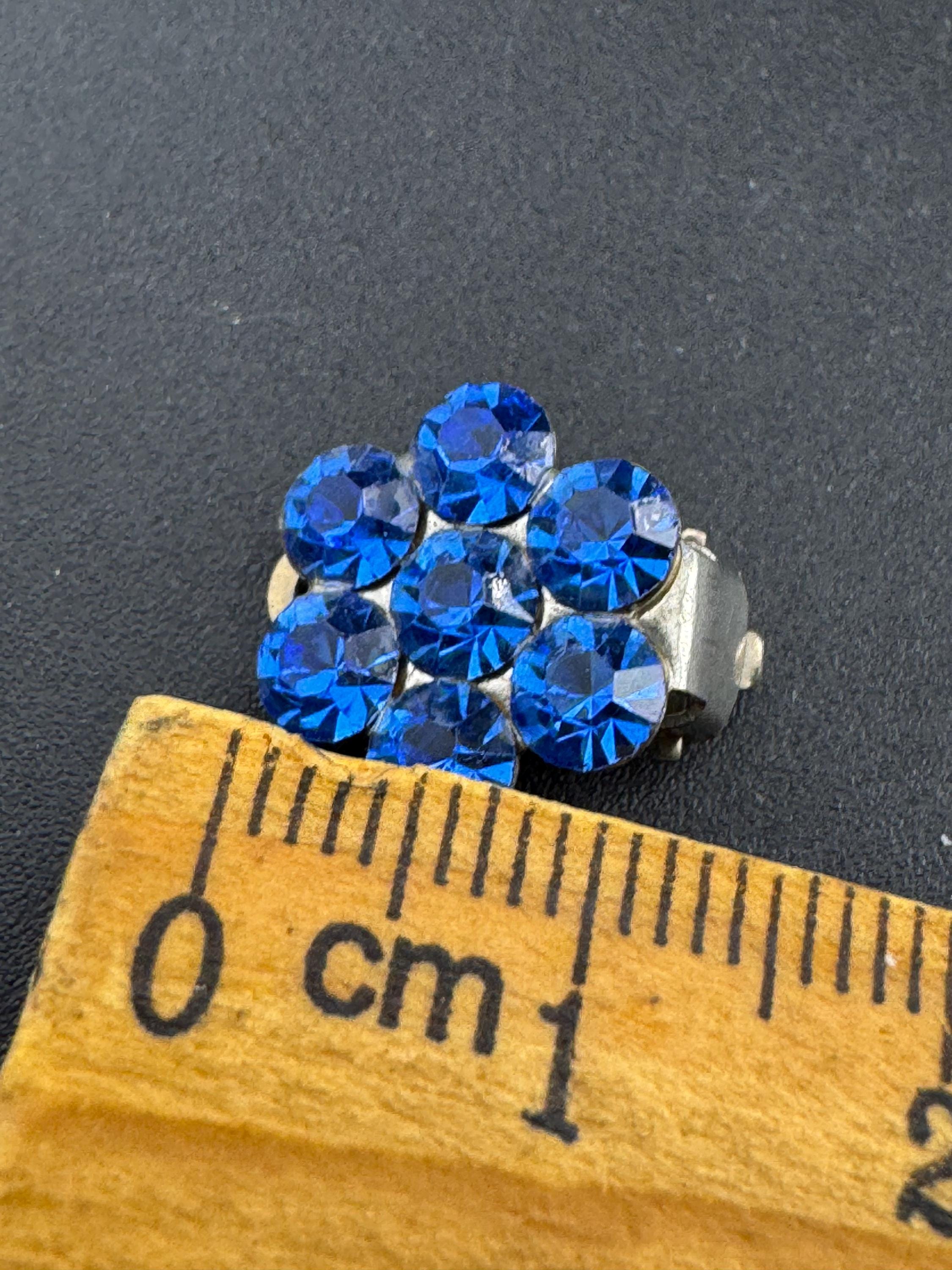 Dainty Vintage blue sapphire diamanté clip on earrings, silver tone