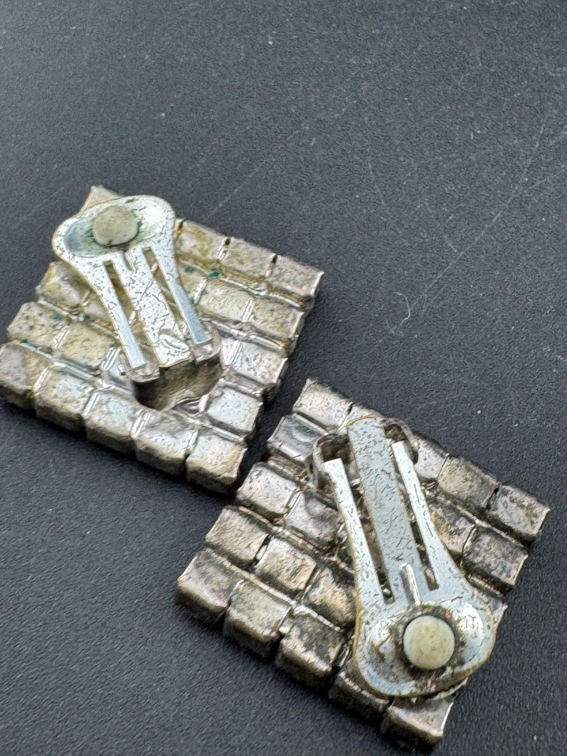 vintage square clear diamanté clip on earrings,  1980s 2cm silver tone